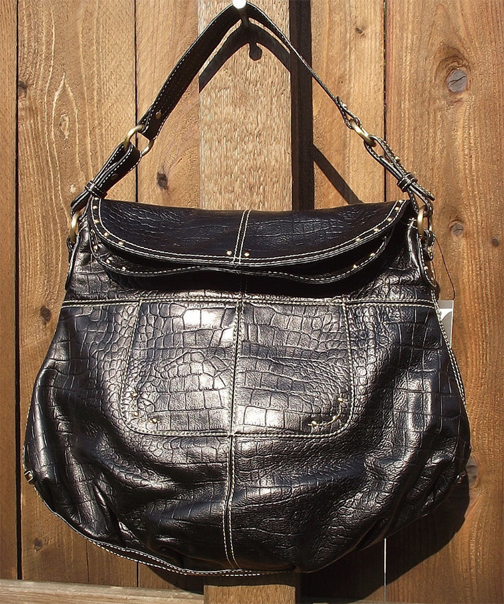 MAXX NY BLACK CROCODILE EMBOSSED GENUINE LEATHER GOLD STUD HANDBAG 16X13 NEW
