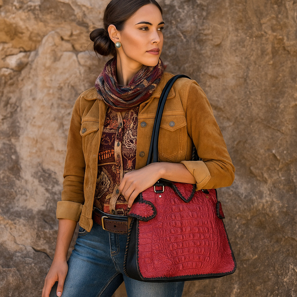 New Genuine Alligator Hornback Leather Shoulder Bohemian Bag in Carmine Red