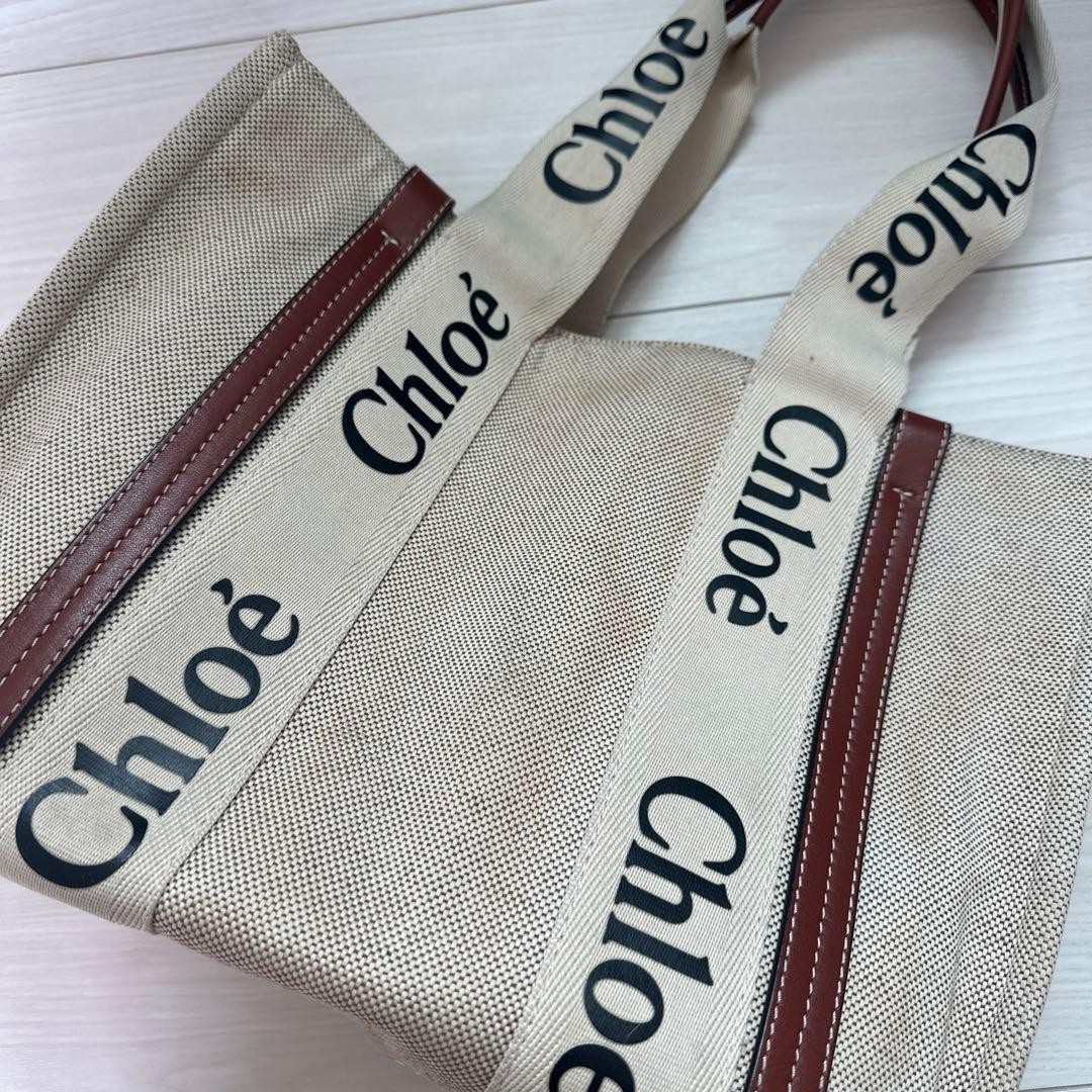 Auth Chloe Woody Linen Canvas Leather Beige Medium Tote Bag Shipping From Japan