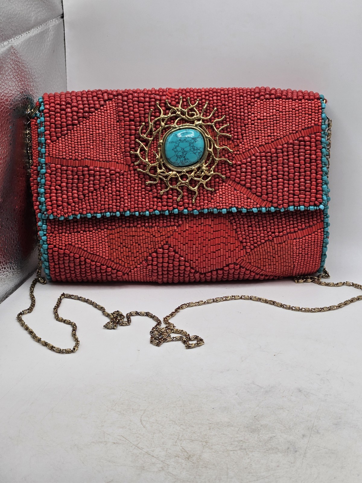 Mary Francis Rare Beaded Coral & Turquoise Color Clutch With Large Ornate Sun…