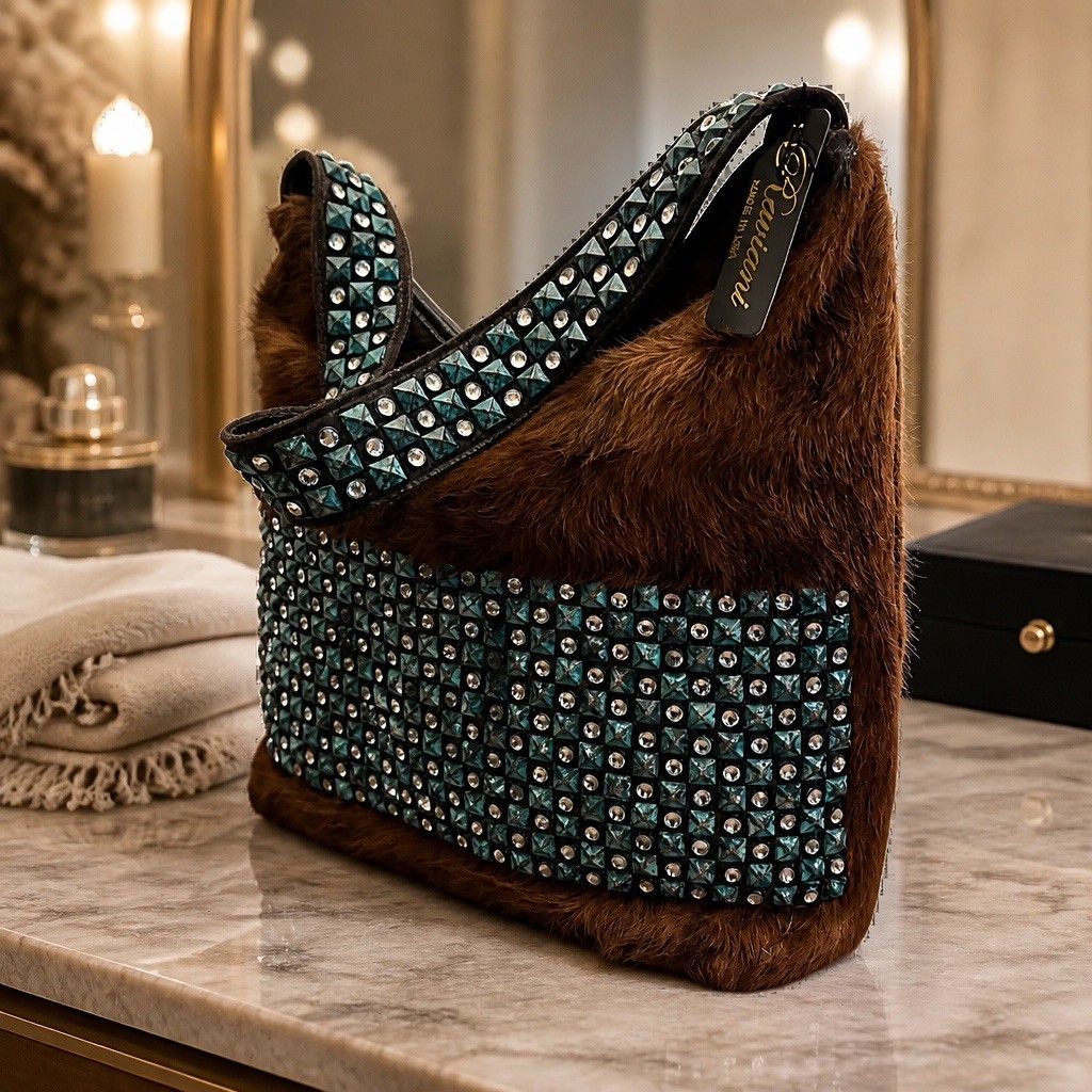 Raviani Hobo in Brown Hair On Cowhide Leather With Turquoise Studs & Crystals