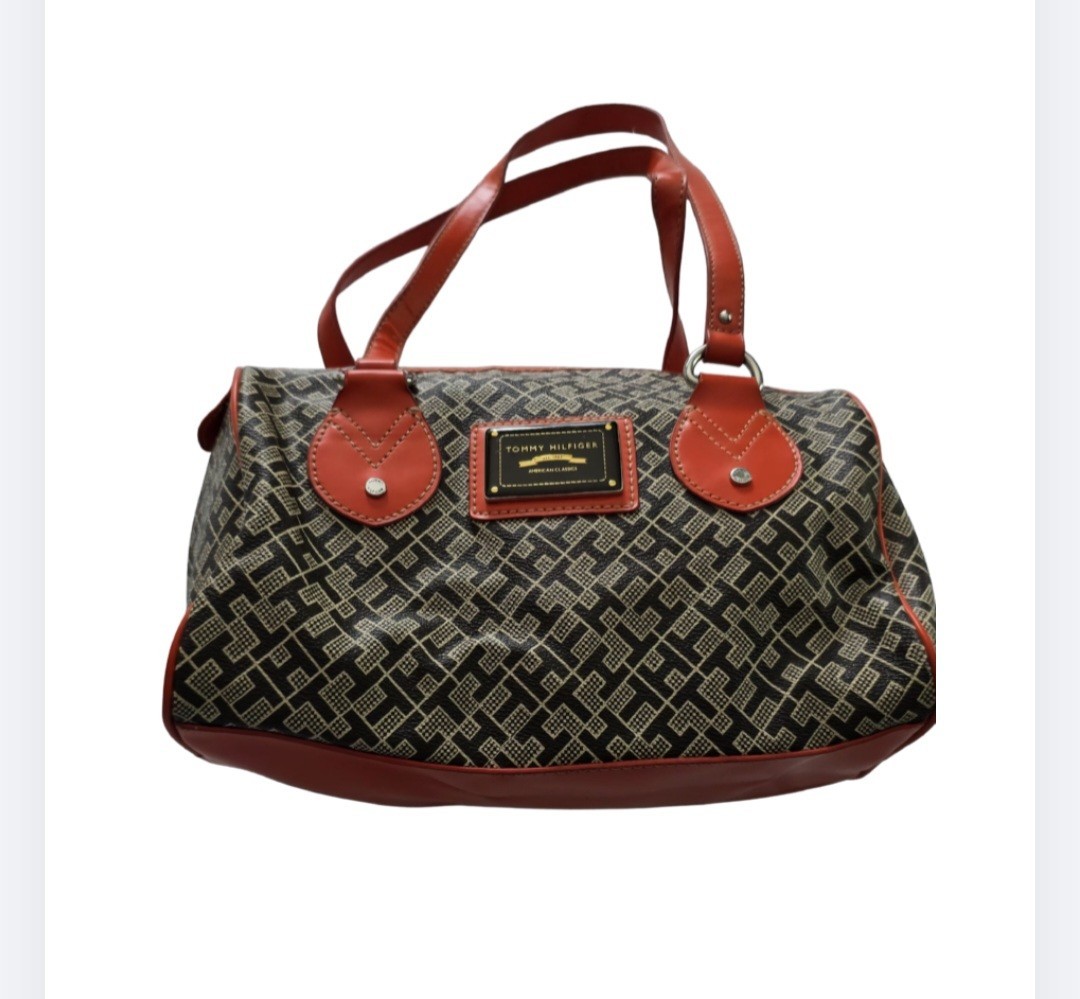 Tommy Hilfiger Jacquard Bag Monogram Handbag Faux Leather Orange Trim Purse Y2K