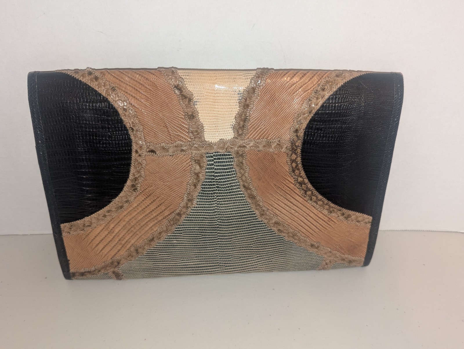 Vintage Carlos Falchi Brown Beige Black Snakeskin Clutch