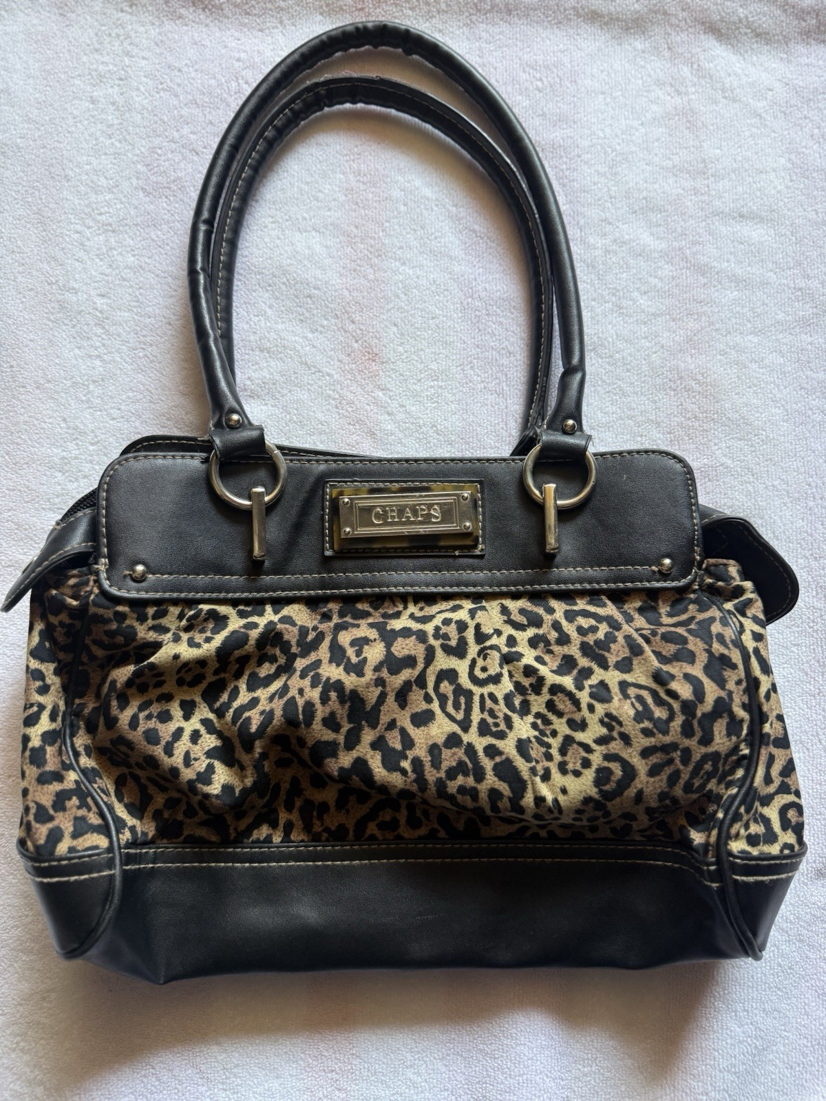 Chaps Leopard Print Satchel Top Handle Bag Zip Closure Lined Inner Pockets