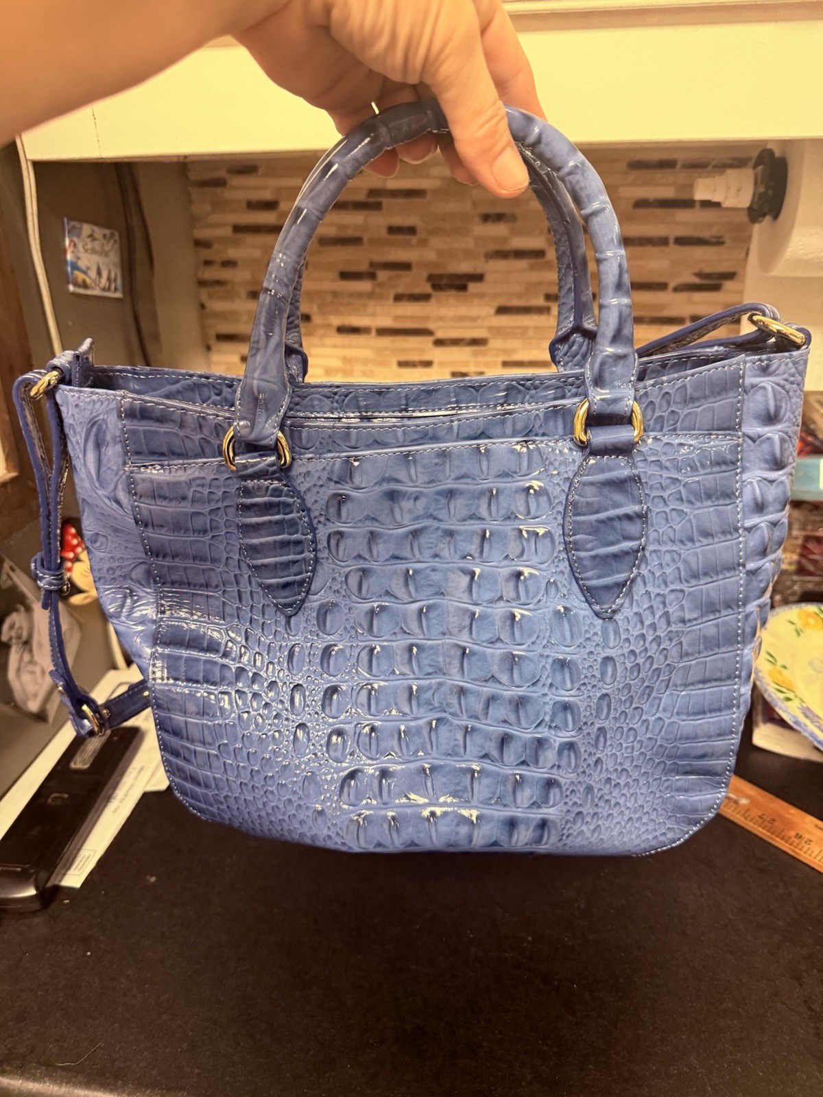Brahmin Small Lena Satchel Croc Iris Blue Leather Shoulder Handbag Vtg Unused
