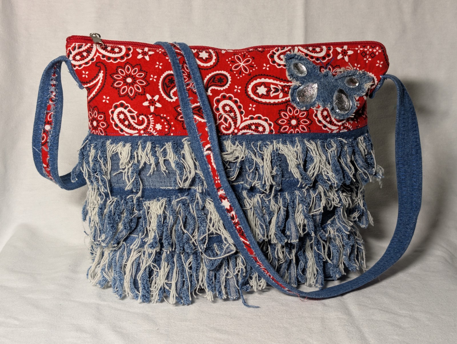 Handmade Boho Denim Fringe Purse Red Bandana Print W/ Butterfly Accent ~ Lined