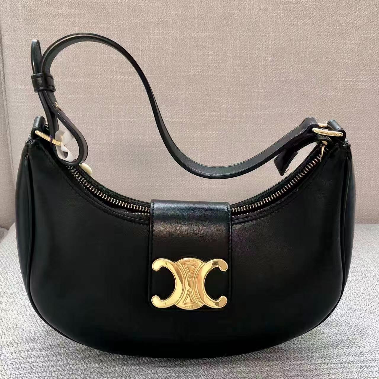 Celine Ava Triomphe Black Shoulder Bag Black Logo Underarm Adjustable Strap
