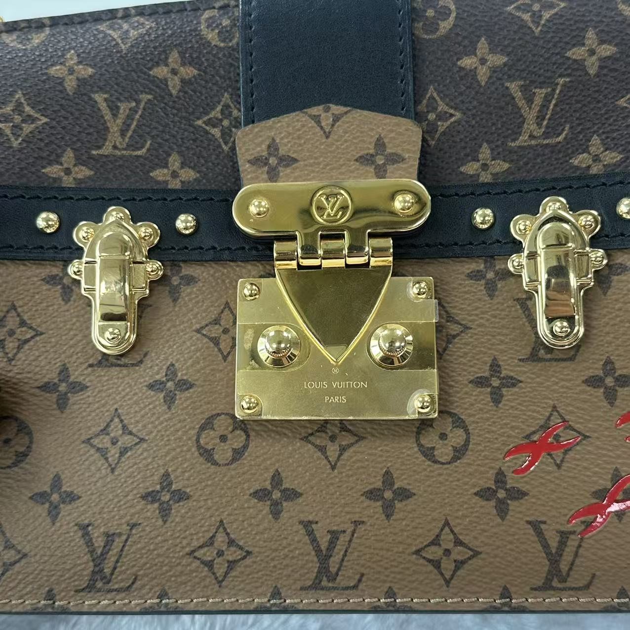 Auth Louis Vuitton Trunk Clutch Monogram Reverse Canvas Gold Crossbody Bag/
