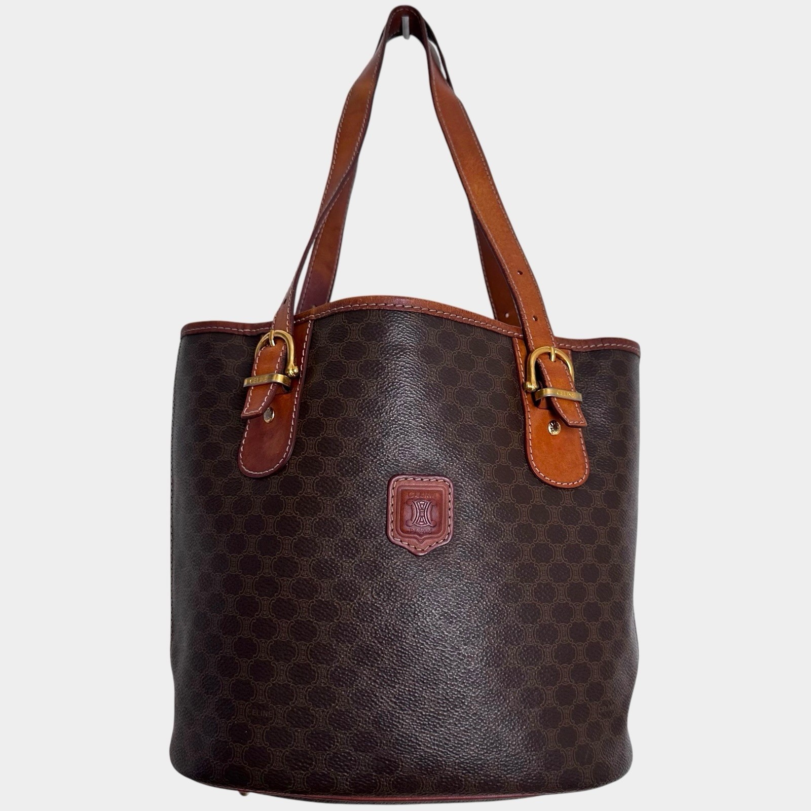 Auth CELINE Macadam Canvas Tote/Bucket Bag PVC/Leather Brown Gold M95 Logo Vintg