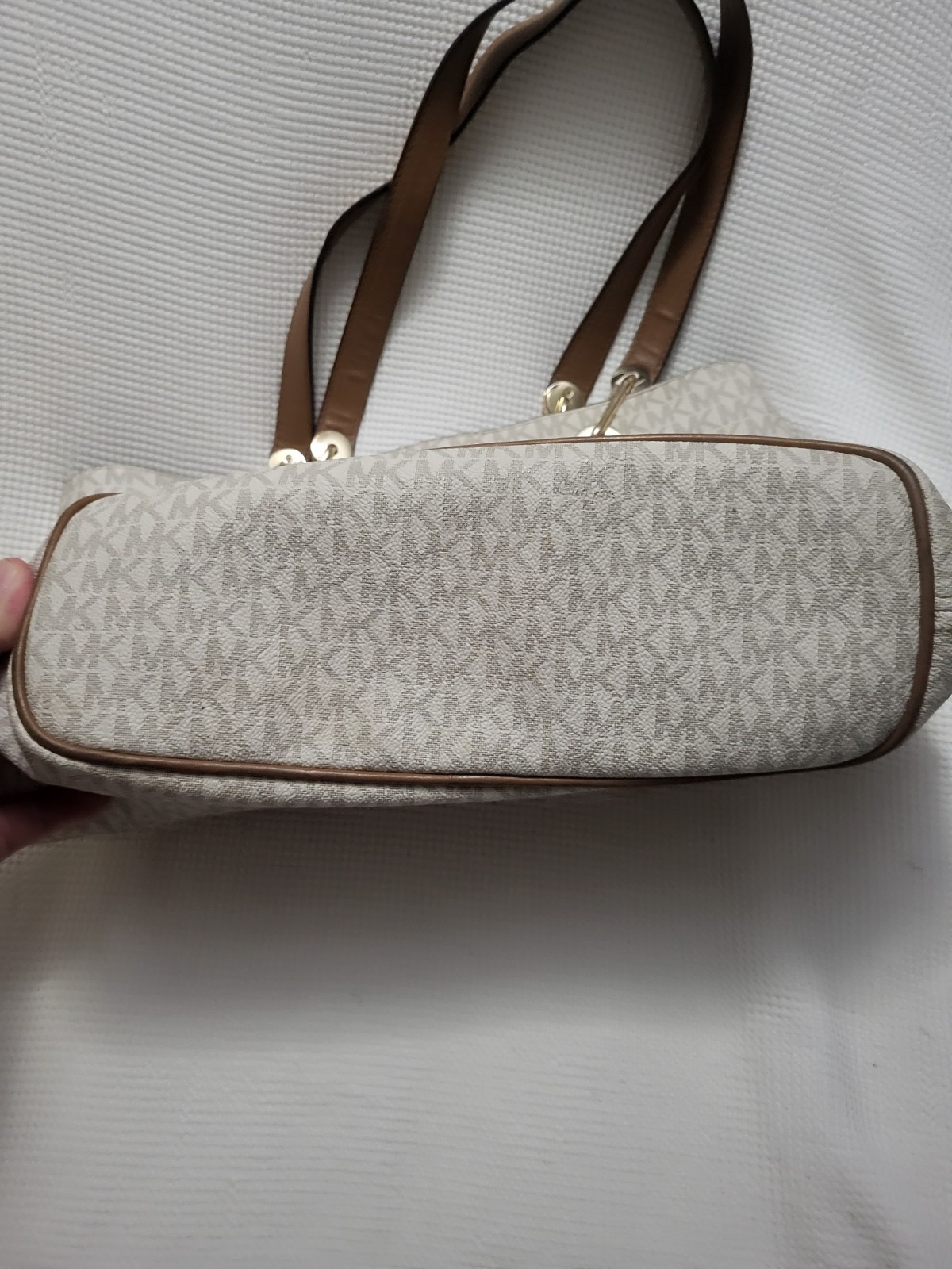 Michael Kors Beige Monogram Large Shoulder Tote Bag Brown Strap Gold Hardware