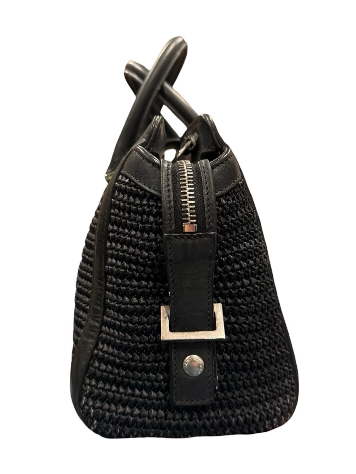 Saint Laurent Black Raffia & Leather YSL Monogram Baby Downtown Cabas Top Handle