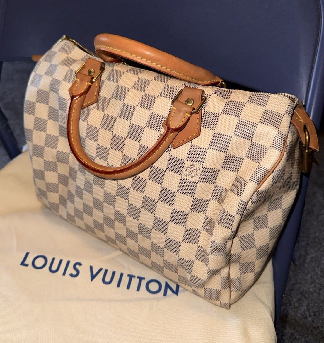 Louis Vuitton Damier Azur Checkered Speedy 30 w/ Lock, Keys, Dust Bag