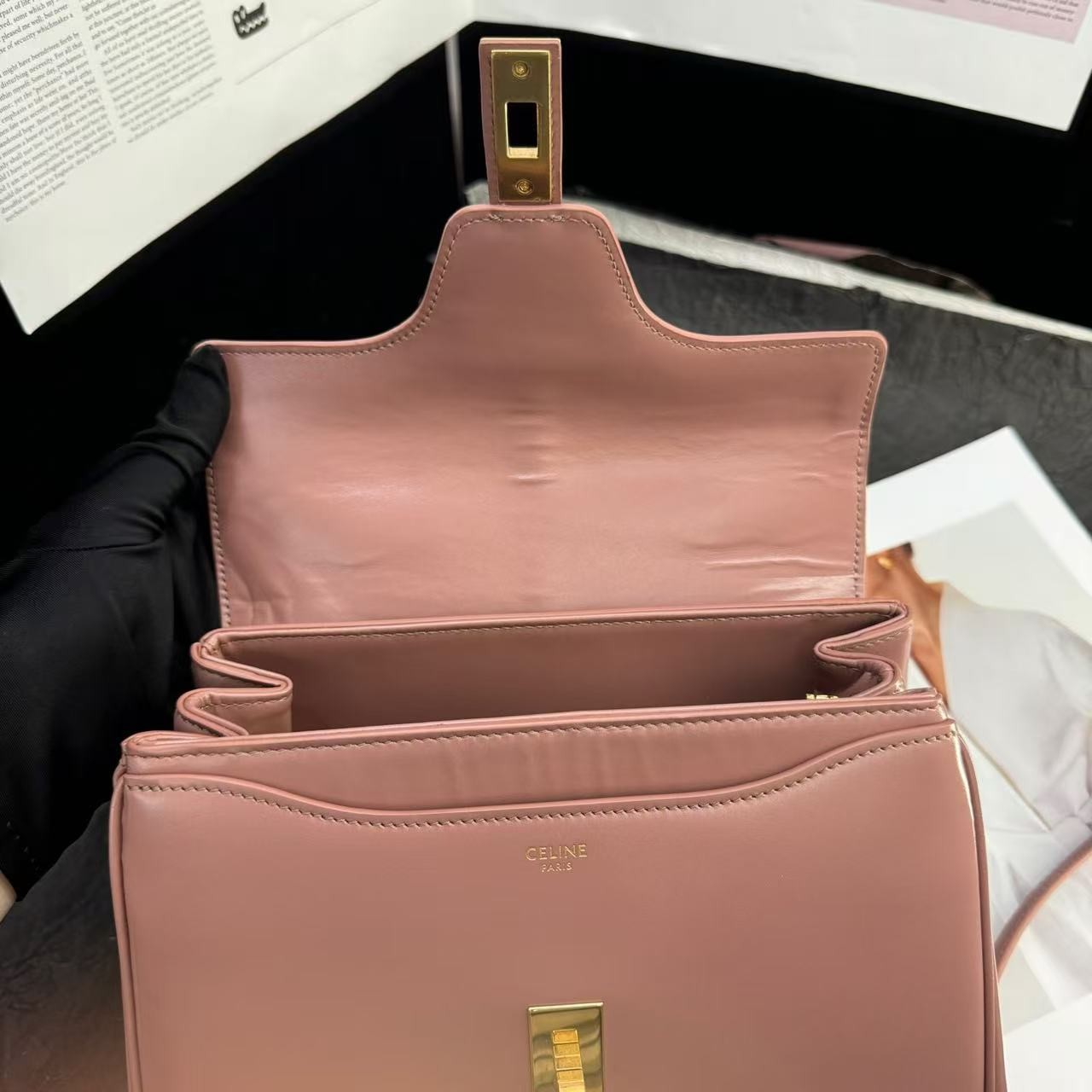 Auth Celine 16 Mini Rose Smooth Calfskin Gold Hardware Top Handle&Crossbody Bag