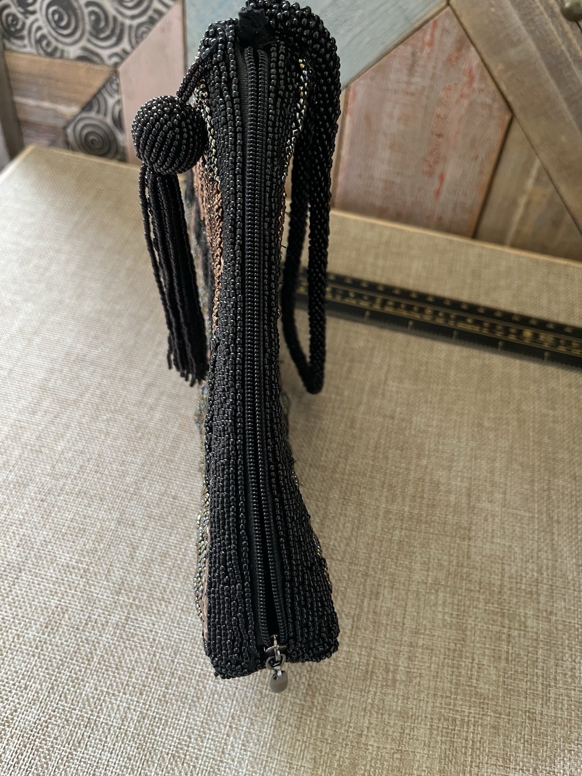 Chico’s Black Gold Beaded Sequin Fan Clutch Wristlet Zip Tassel Small