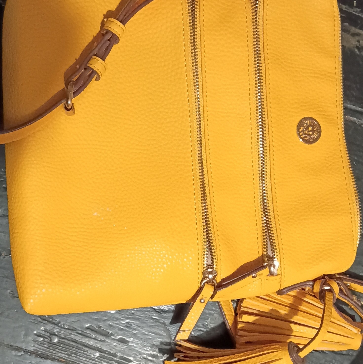 Anne Klein Women’s Yellow Pebbled Crossbody Bag Zip Tassel Detachable Strap