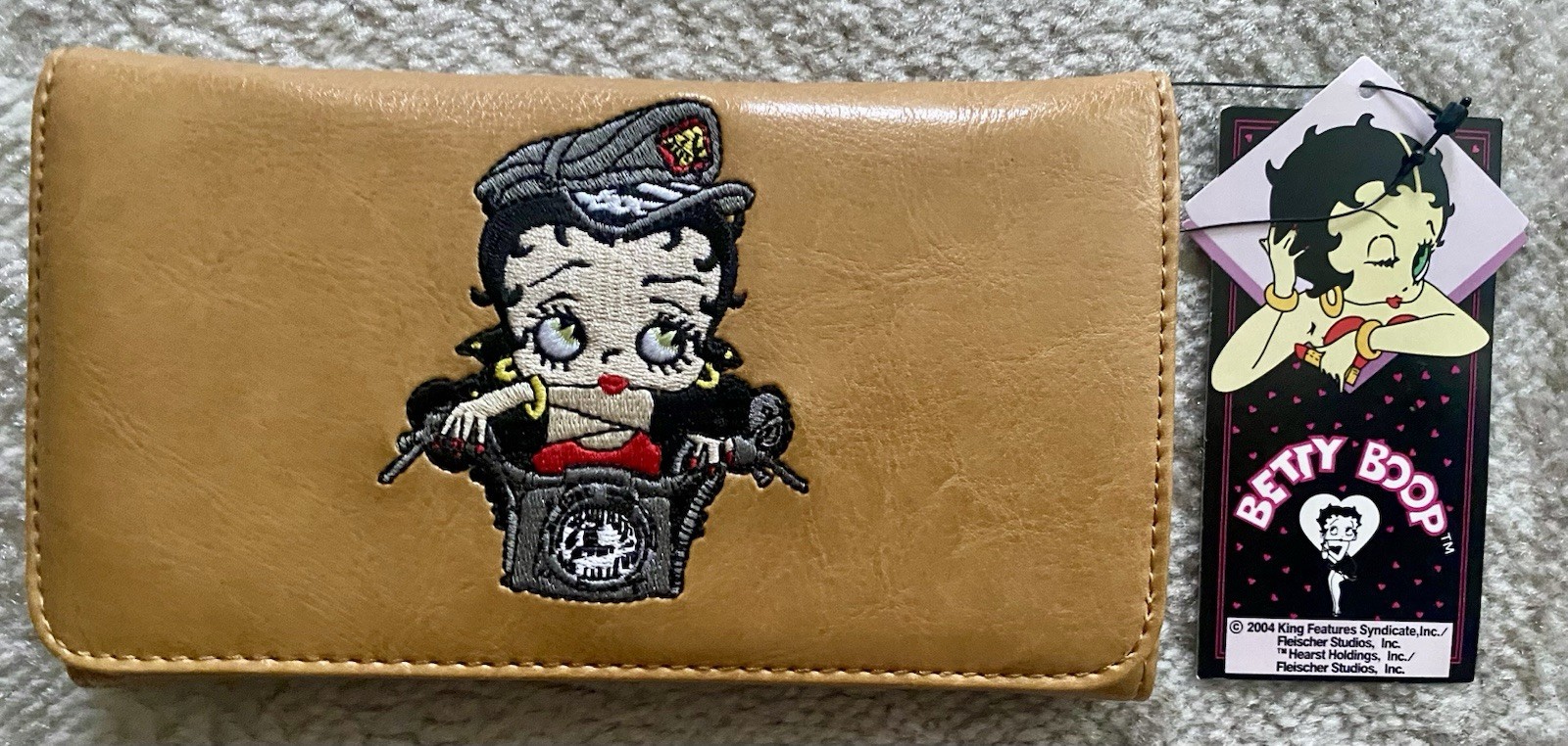 Vintage Betty Boop Tan Embroidered Biker Theme Wallet NWT