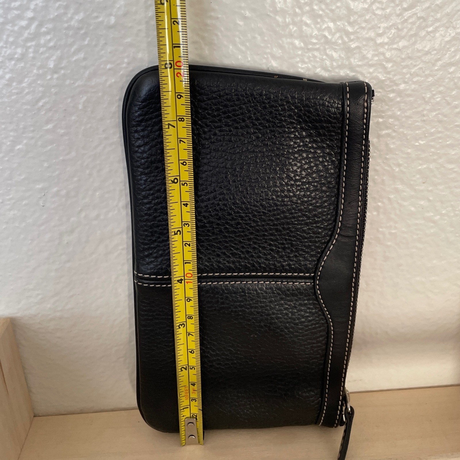 Black Pebbled Leather Zip Pouch with White Contrast Stitching and Key Ring