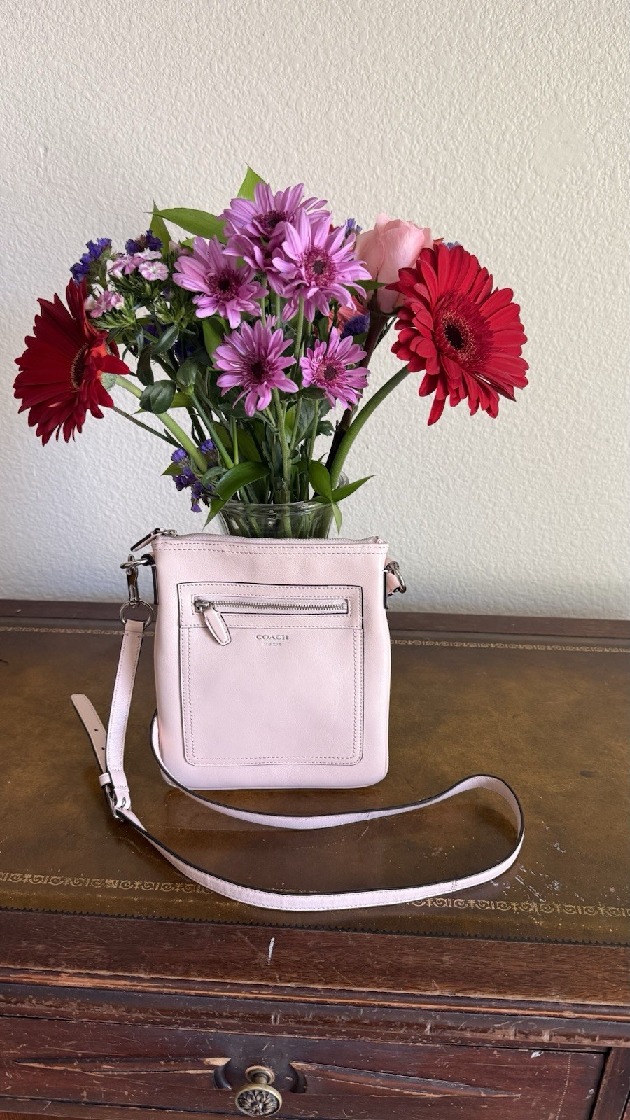 Coach Pink Crossbody Bag Zip Closure Front Zip Pocket Adjustable Strap Silver