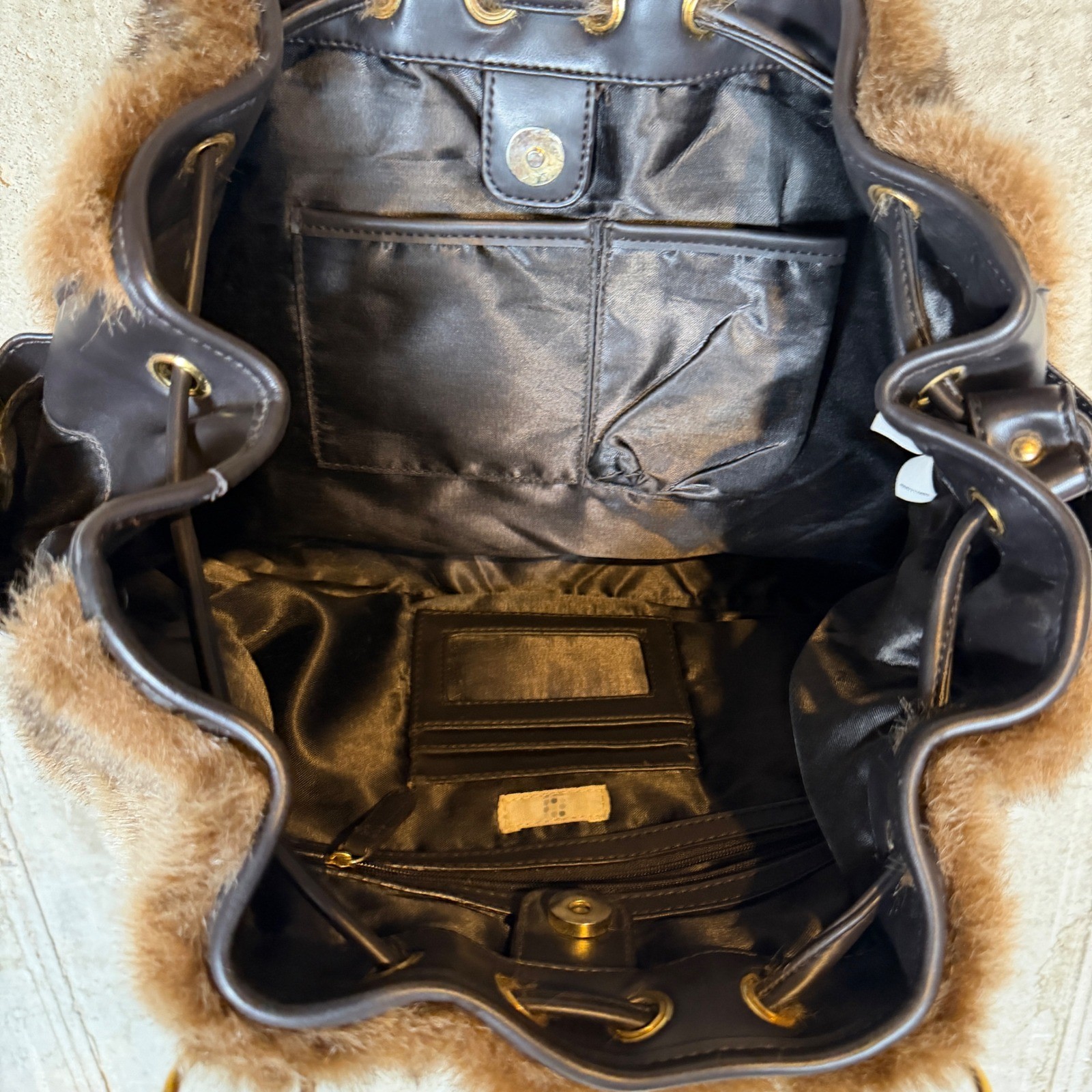 y2k Brown Faux Fur Satchel Bag Black Trim Gold Hardware Large Shoulder Tote