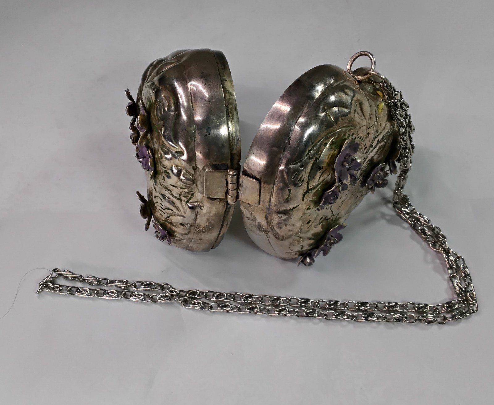 Vintage Hinged Embossed Heart Wristlet Box-Purse with Chain, Silver-Plated Brass