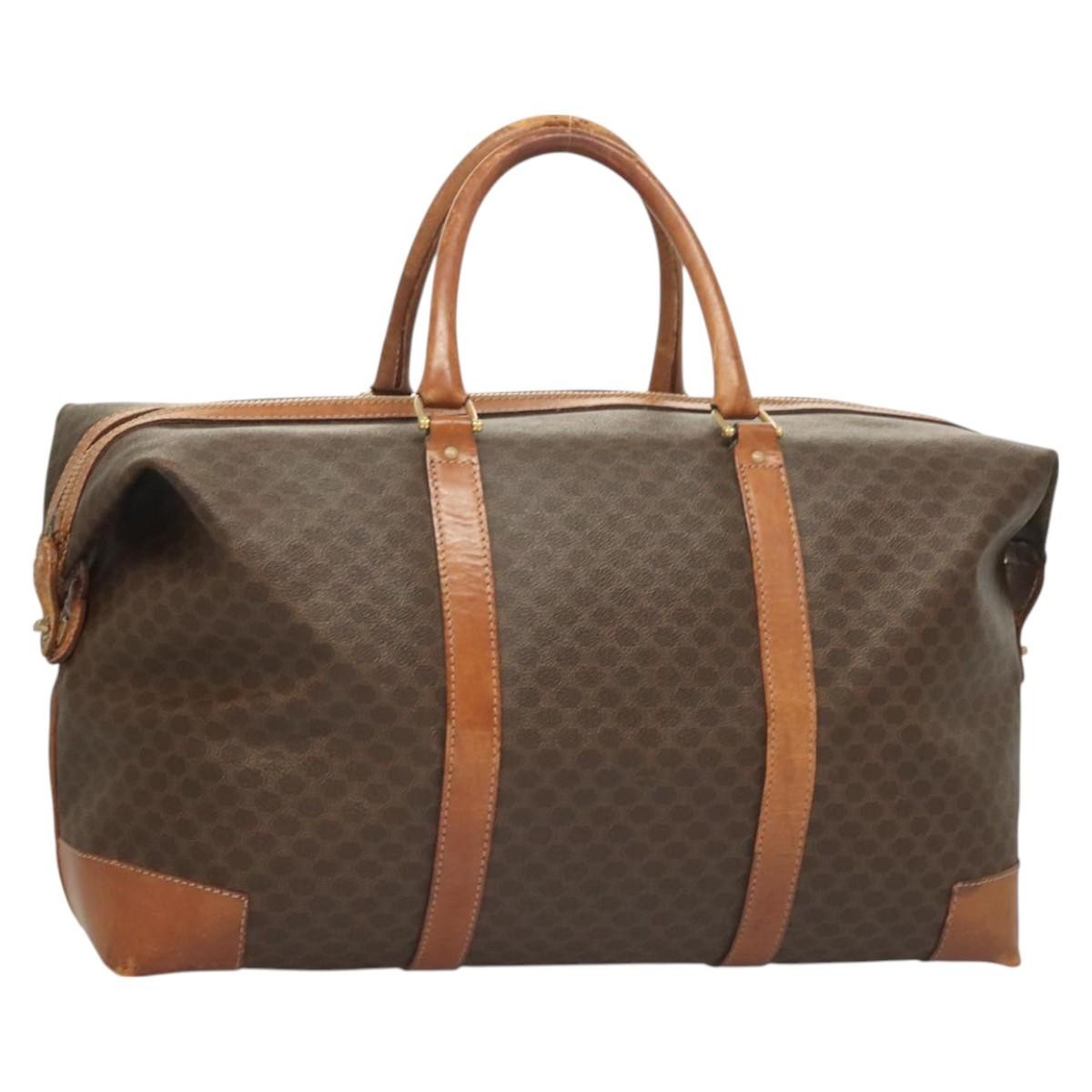 CELINE Macadam Canvas Boston Bag PVC Leather Brown Gold Auth 121130
