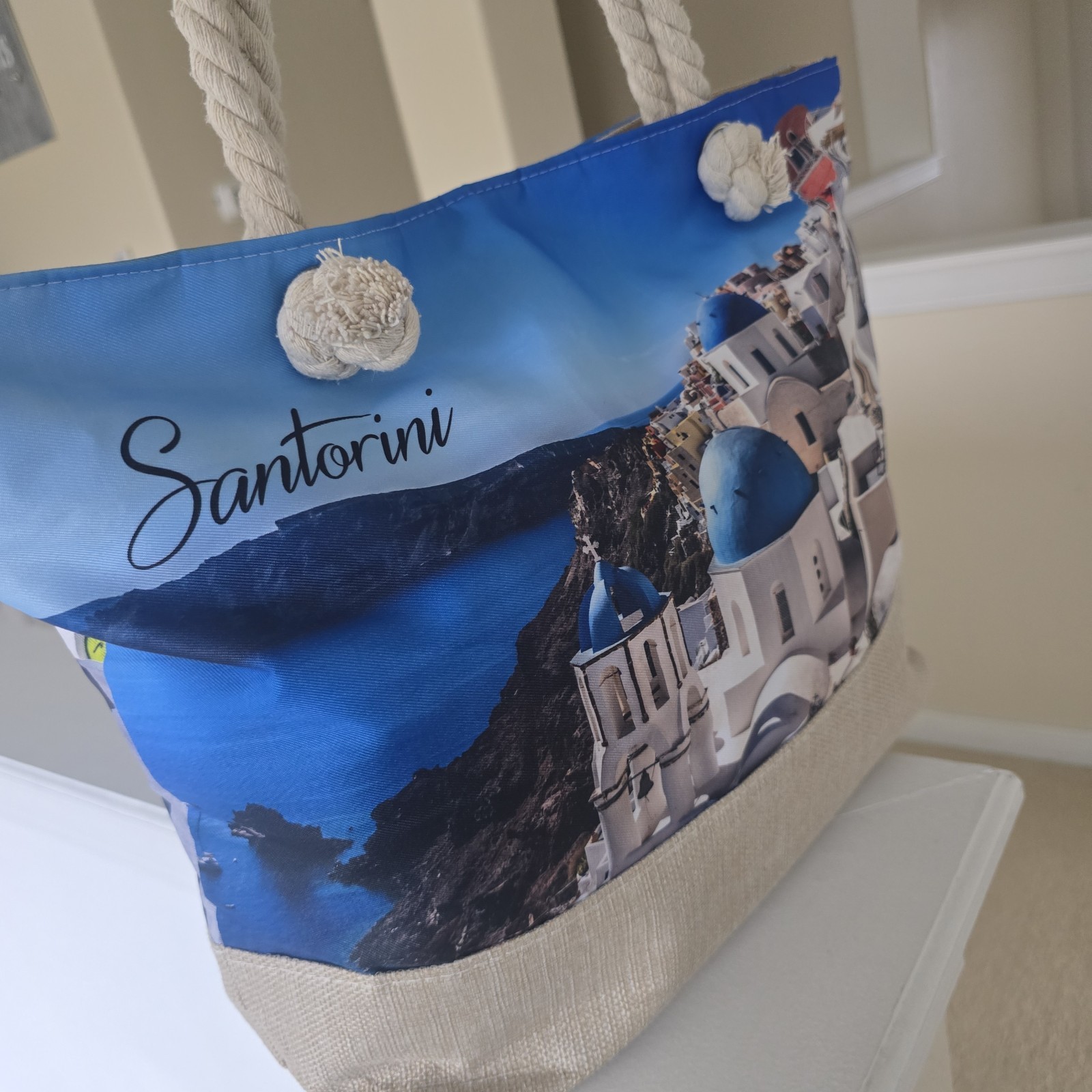 Santorini Scenic Print Tote Bag, Rope Handles, Shoulder Strap, Blue Beige White