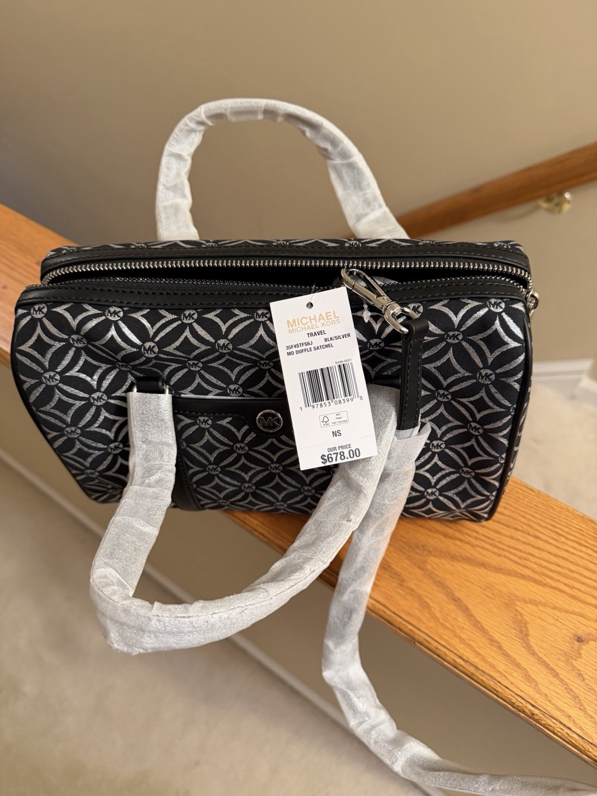 Michael Kors Black & Silver Logo Satchel Top Handle Zip, Lined Inner Pockets