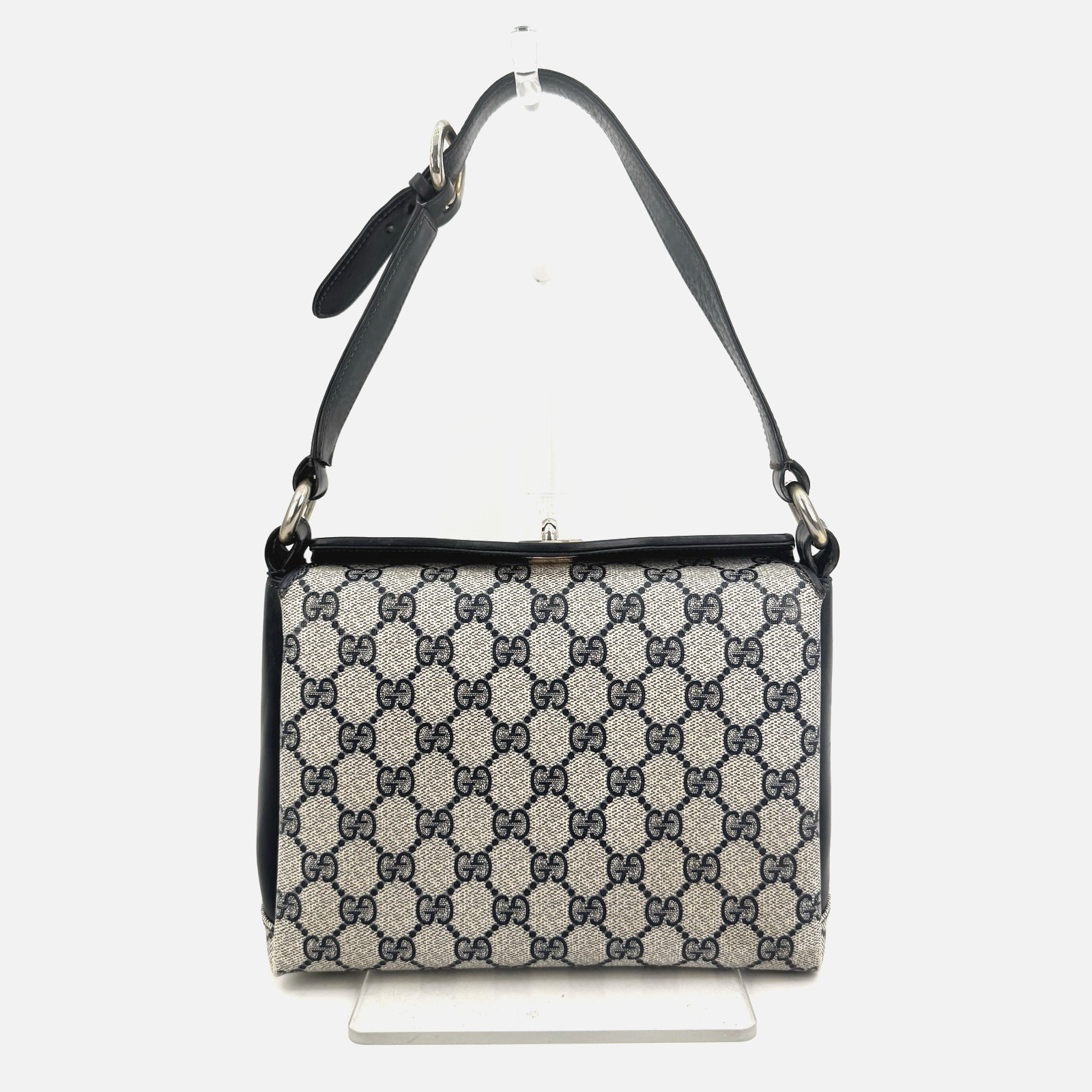 Vintage GUCCI Shoulder Bag Turnlock Handbag GG Navy PVC Authentic