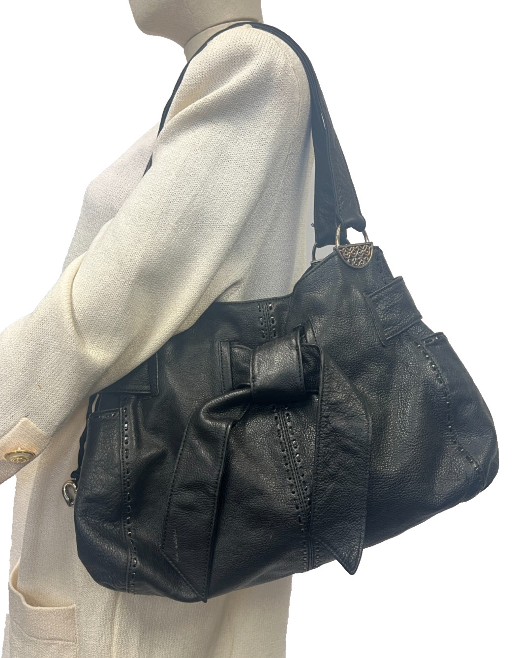 Brighton Black Pebble Leather Bow Shoulder Bag Purse Scroll Brass Heart Charm