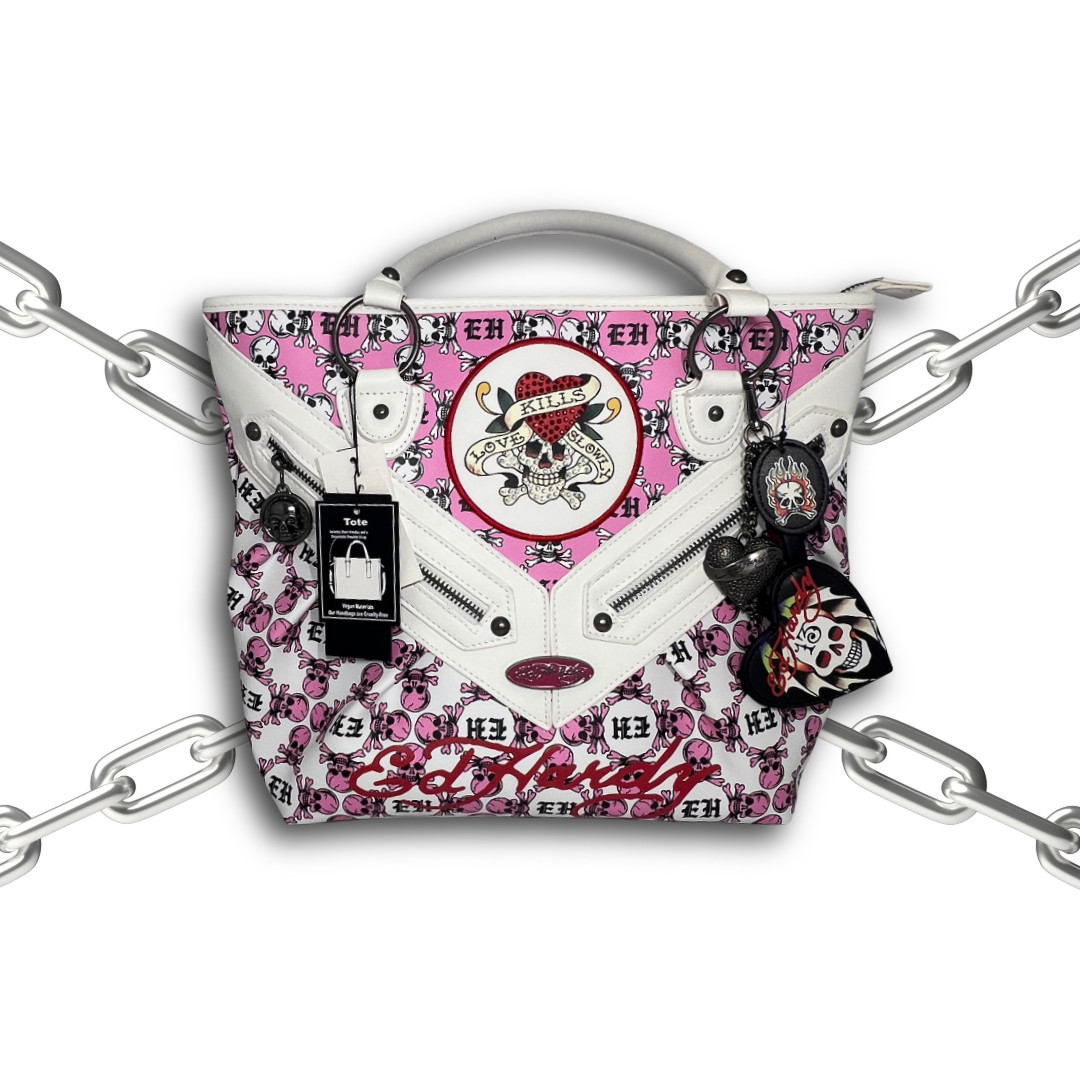 NWT Ed Hardy Pink and White Skull Rhinestone Love Kills Slowly Tote Bag Charm