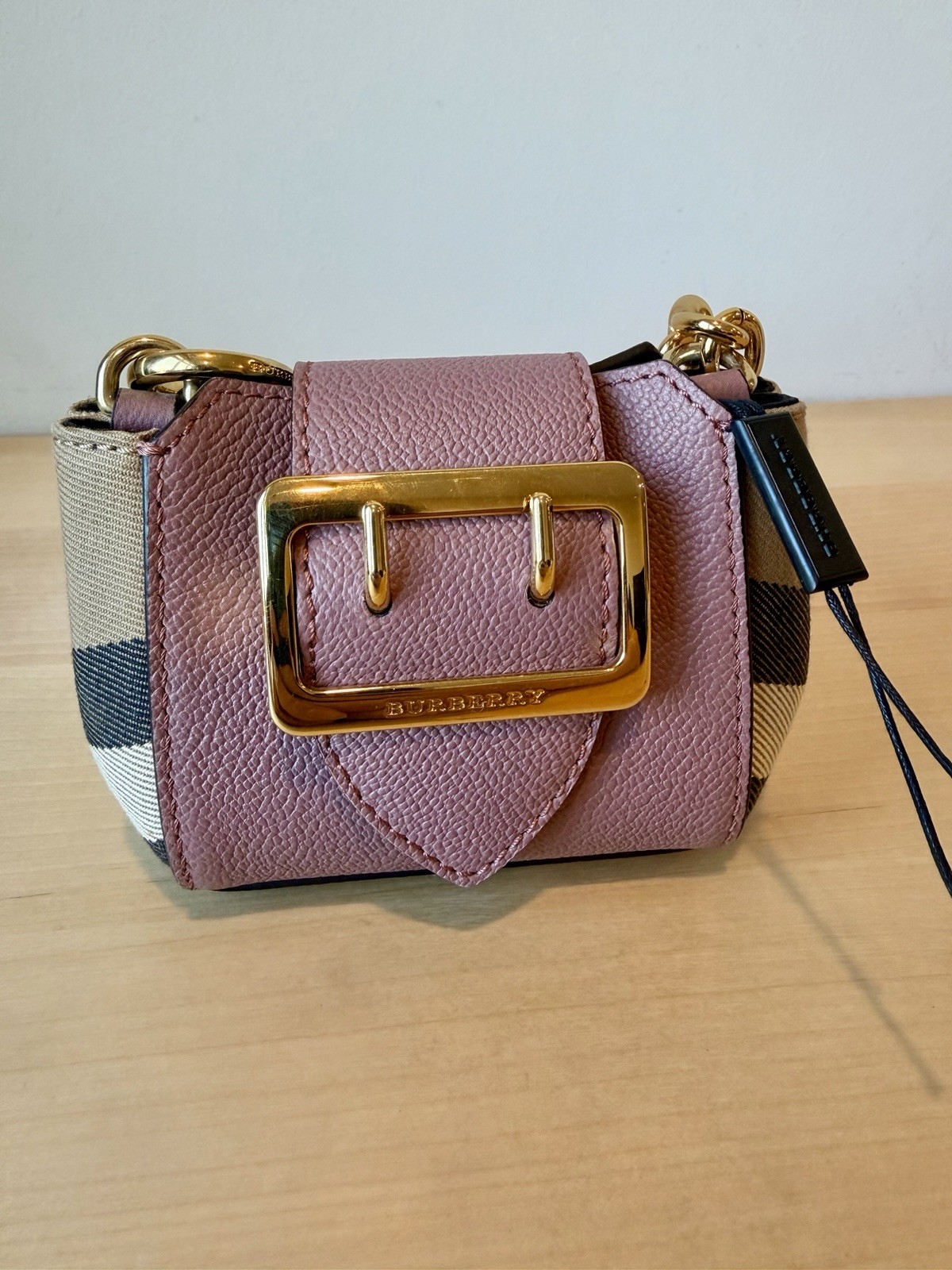 Burberry Nova Check Pink Mini Buckle Bag Gold Chain Detachable Strap