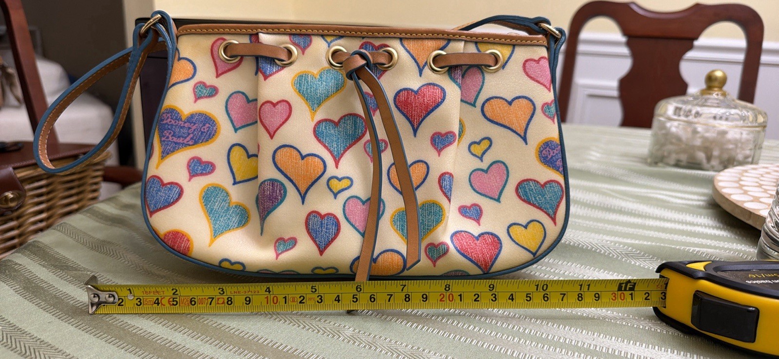 Dooney & Bourke Heart Print Medium Shoulder Bag Drawstring Zip Beige Charm