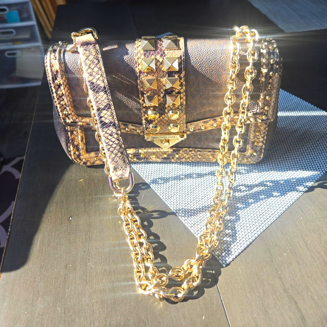 michael kors metallic gold studded crossbody bag turn lock chain strap
