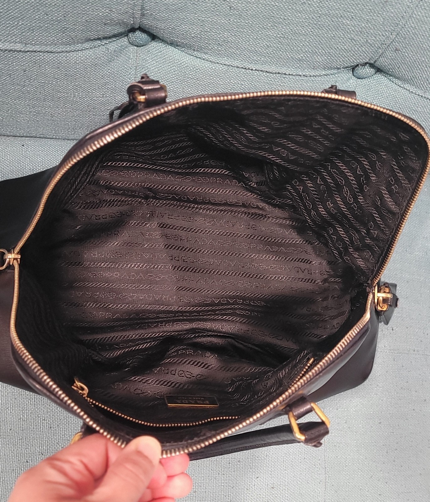 PRADA Black Saffiano Zip Top Satchel Gold Hardware Logo Pattern Clochette