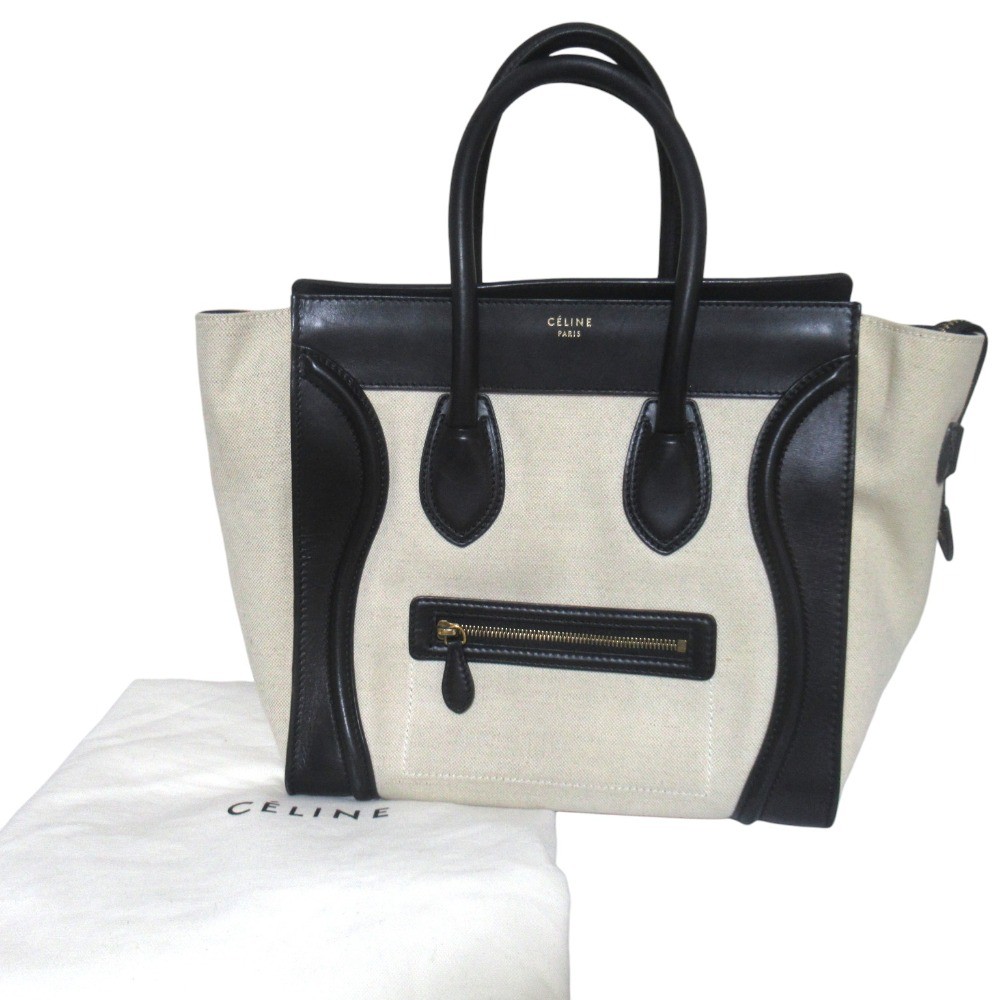 CELINE canvas leather luggage mini shopper tote bag beige and black. Women USED