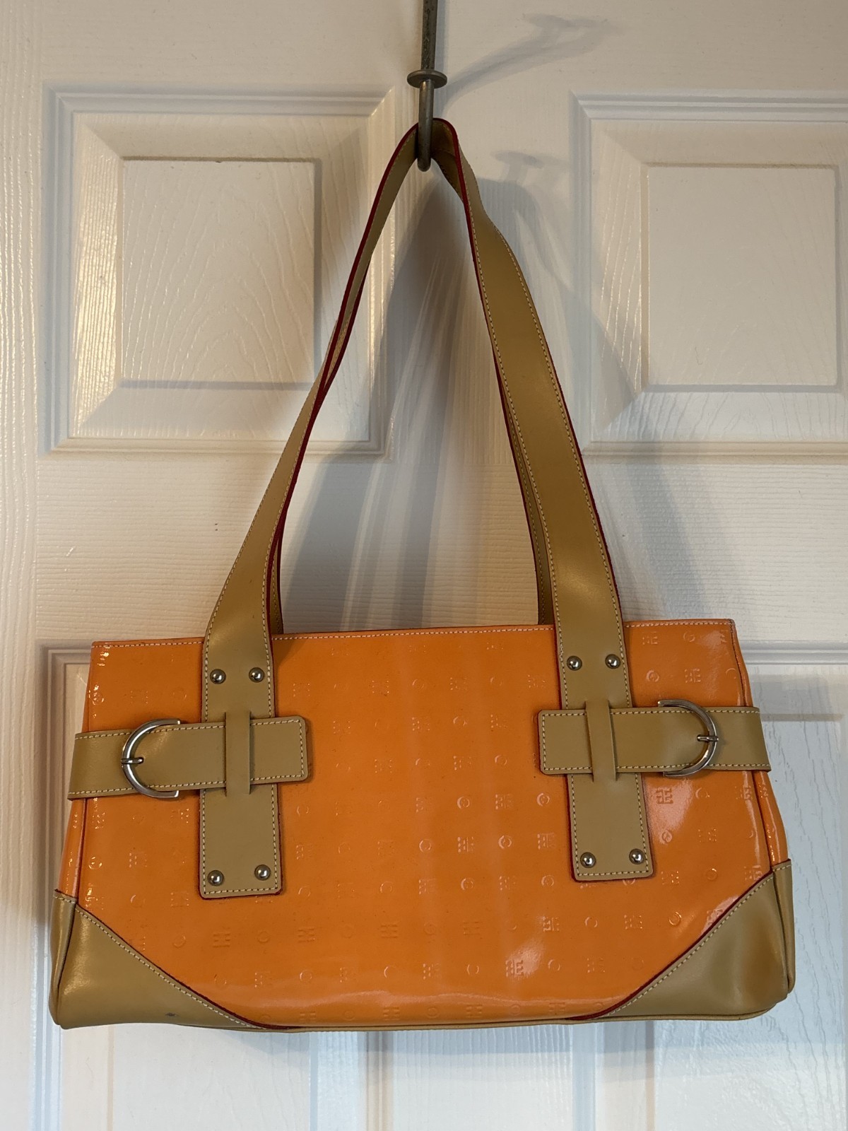 Arcadia Orange Logo Patent Shoulder Bag-Orange With Beige Handles and bottom