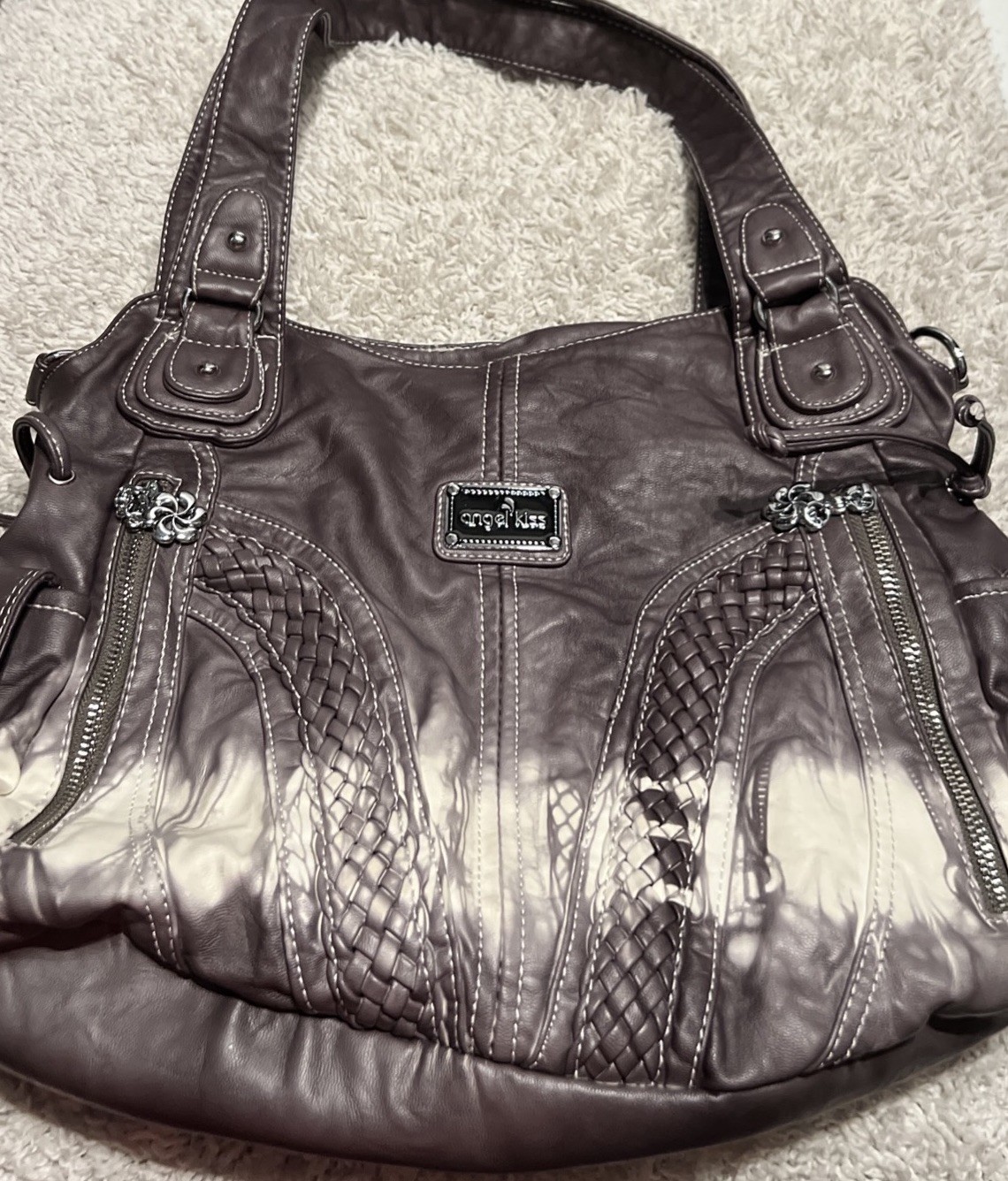 Angel Kiss Tie Dye Shoulder Bag Gray White Pockets Zipper Hobo 15”x12” EUC