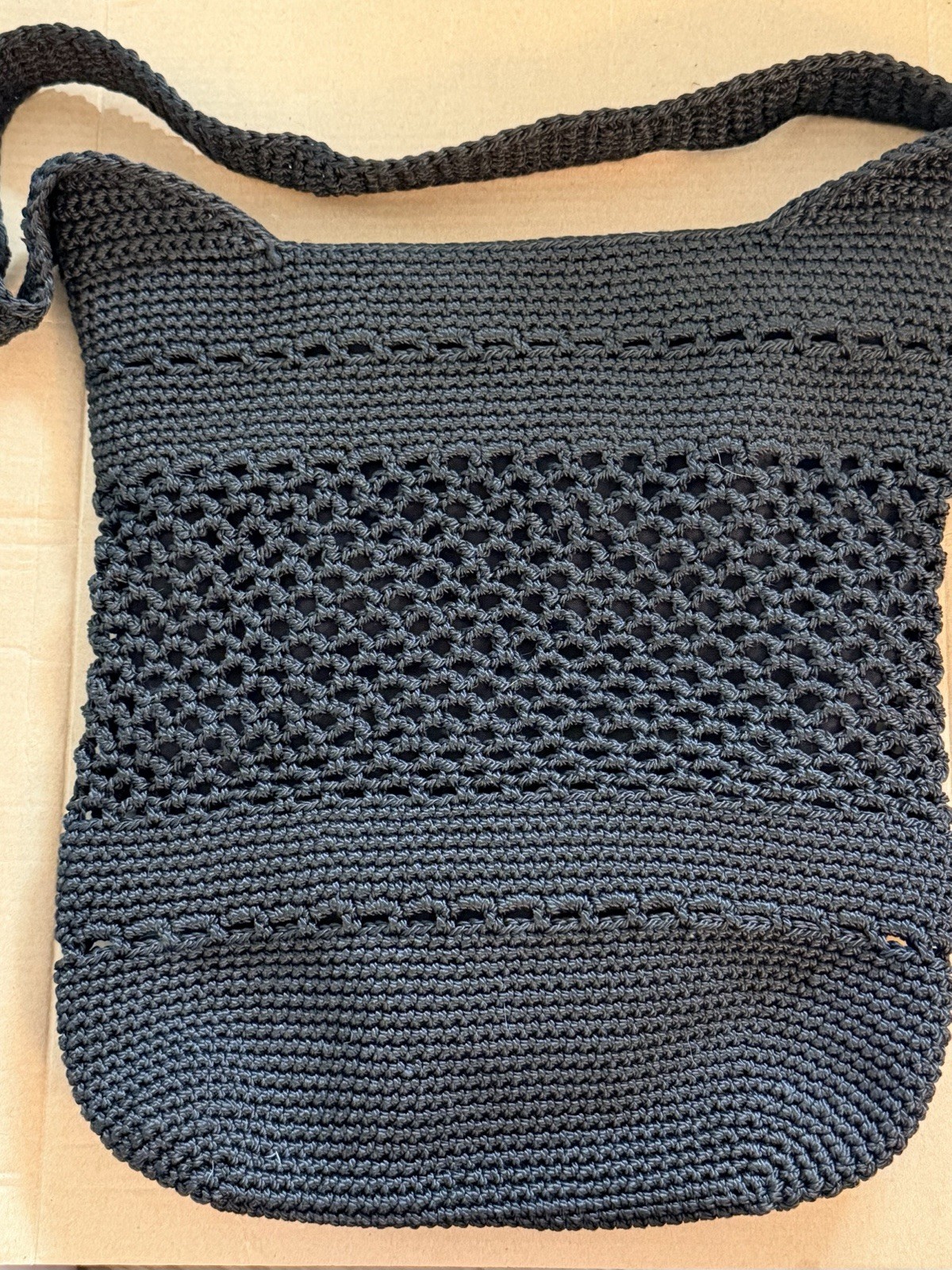 Black Crochet Shoulder Bag Boho Hobo Purse Top Zip Cotton Lined Lightweight 8×10