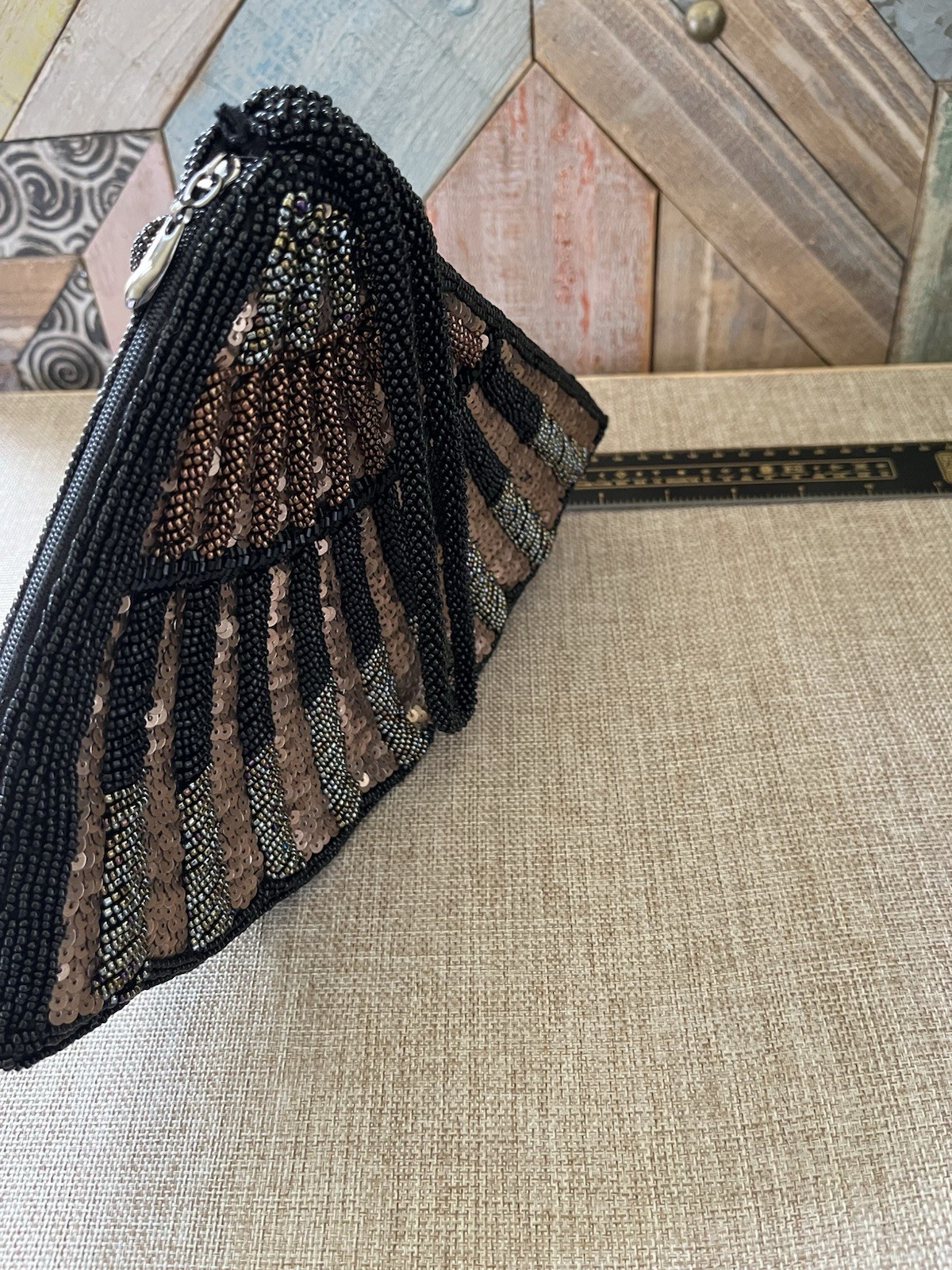 Chico’s Black Gold Beaded Sequin Fan Clutch Wristlet Zip Tassel Small