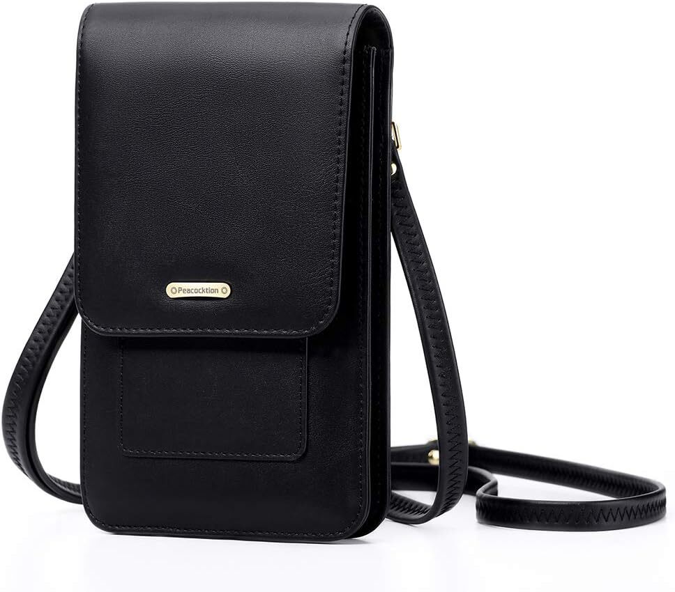 Peacocktion Small Crossbody Cell Phone Bag for Women, Leather Shoulder Black