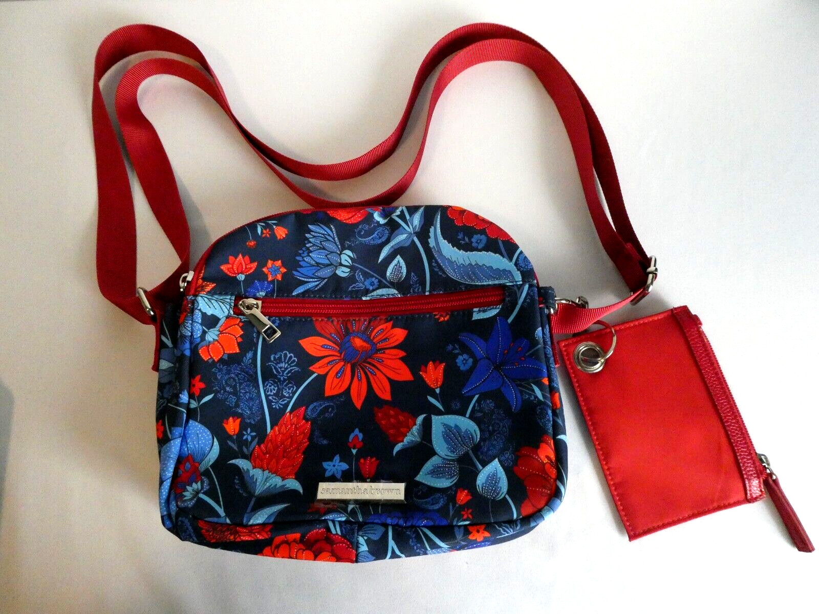 Sandra Brown Cross Body Purse Dark Blue & Red Floral Fabric Silver Metal NWT