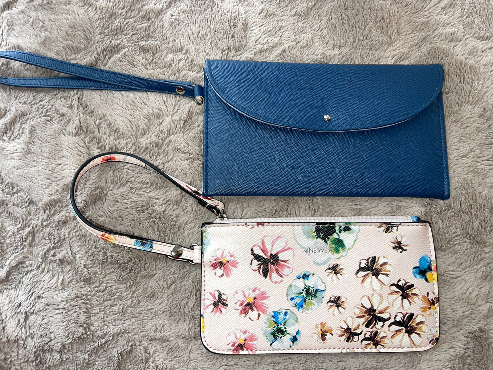 NINE WEST Pink Floral & Solid Blue Wristlet Wallet Clutch Bag Pouch Lot X2 EUC