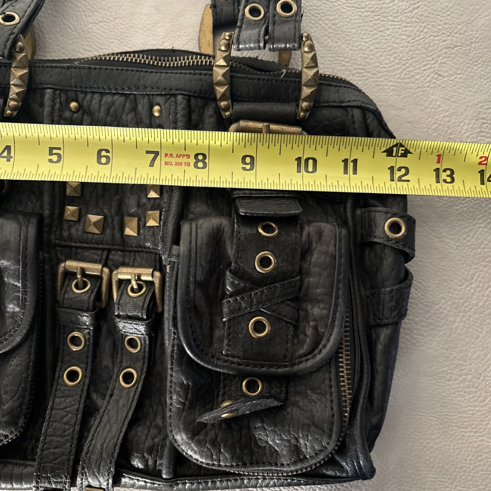 Betsey Johnson Black Studded Buckle Accent Zip Satchel Handbag Women Vtg