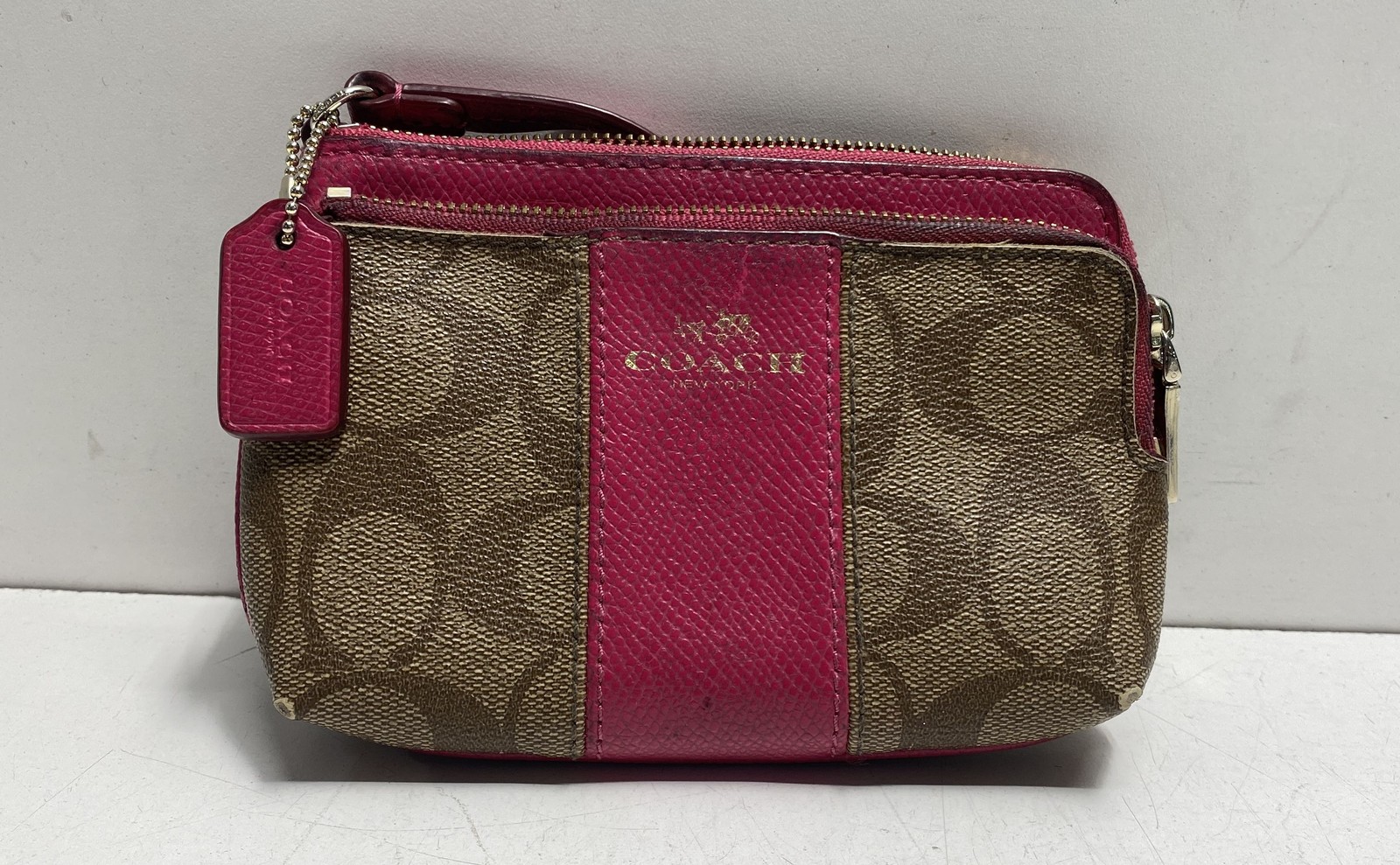 Coach Brown Khaki Signature Canvas Pink Leather Trim Zip Pouch Wristlet