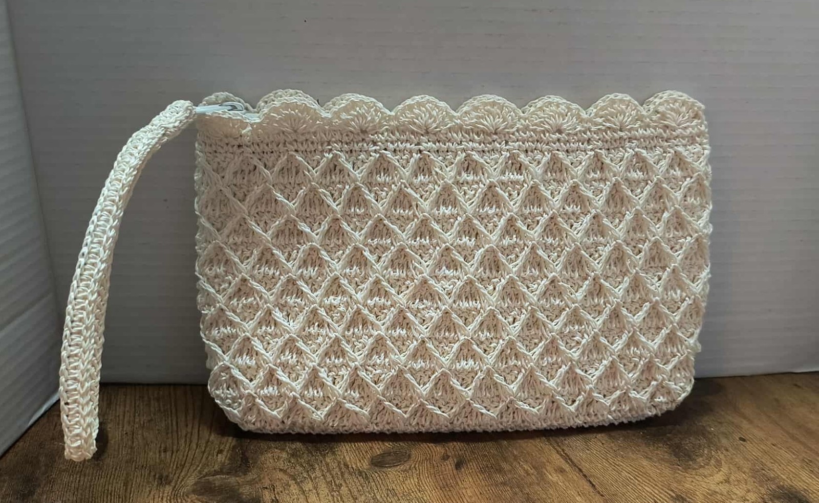 Vintage Crocheted boho macrame cream wristlet purse – 7X11 inch JAPAN