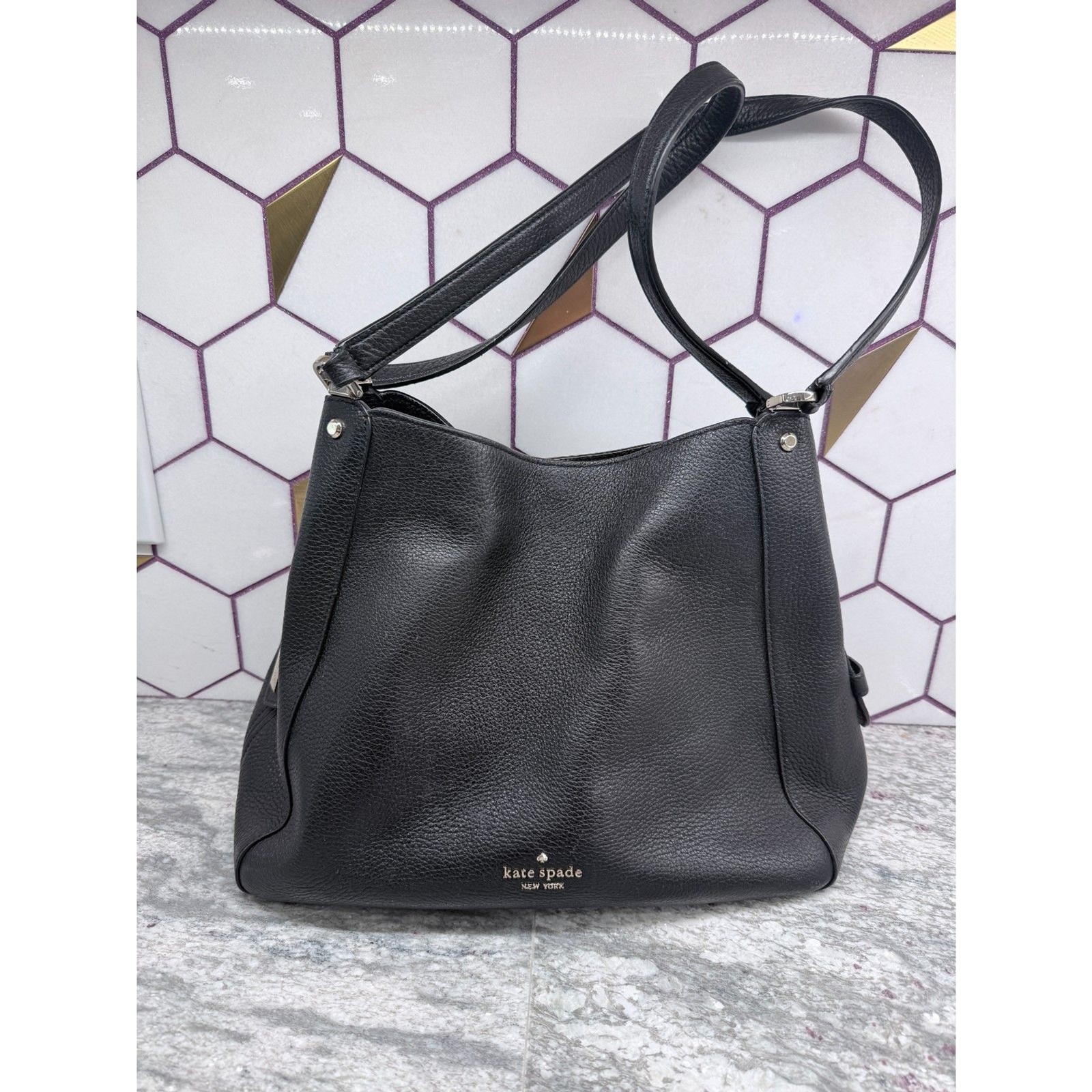 Kate Spade Leila Medium Triple Compartment Pebbled Leather Shoulder Bag – Black