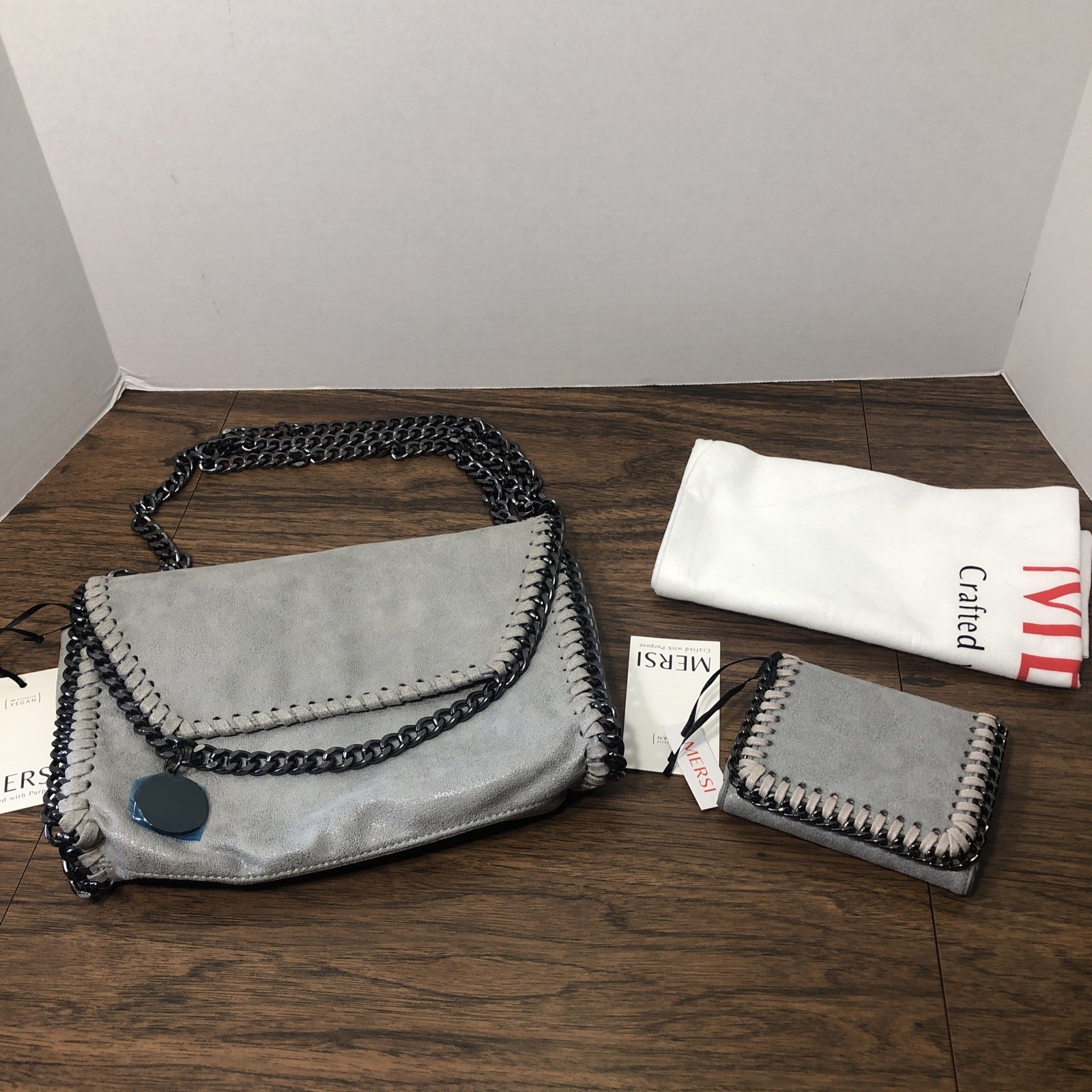 Mersi Crossbody Purse Gray Vegan Leather Metal Chain w/ Wallet & Dust Cover