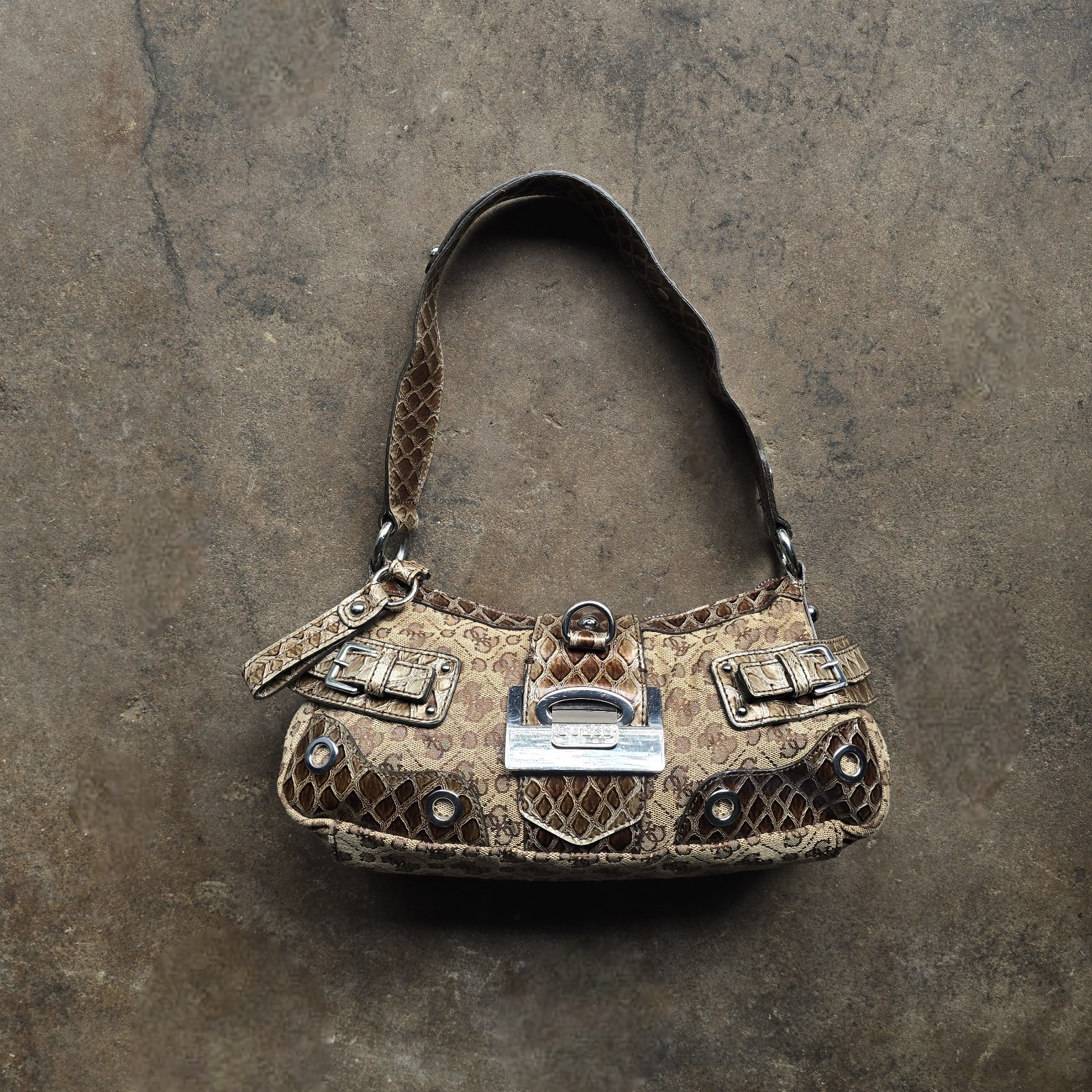 GUESS Y2K Vintage Monogram Croc Trim Handbag purse Brown Logo Shoulder Bag