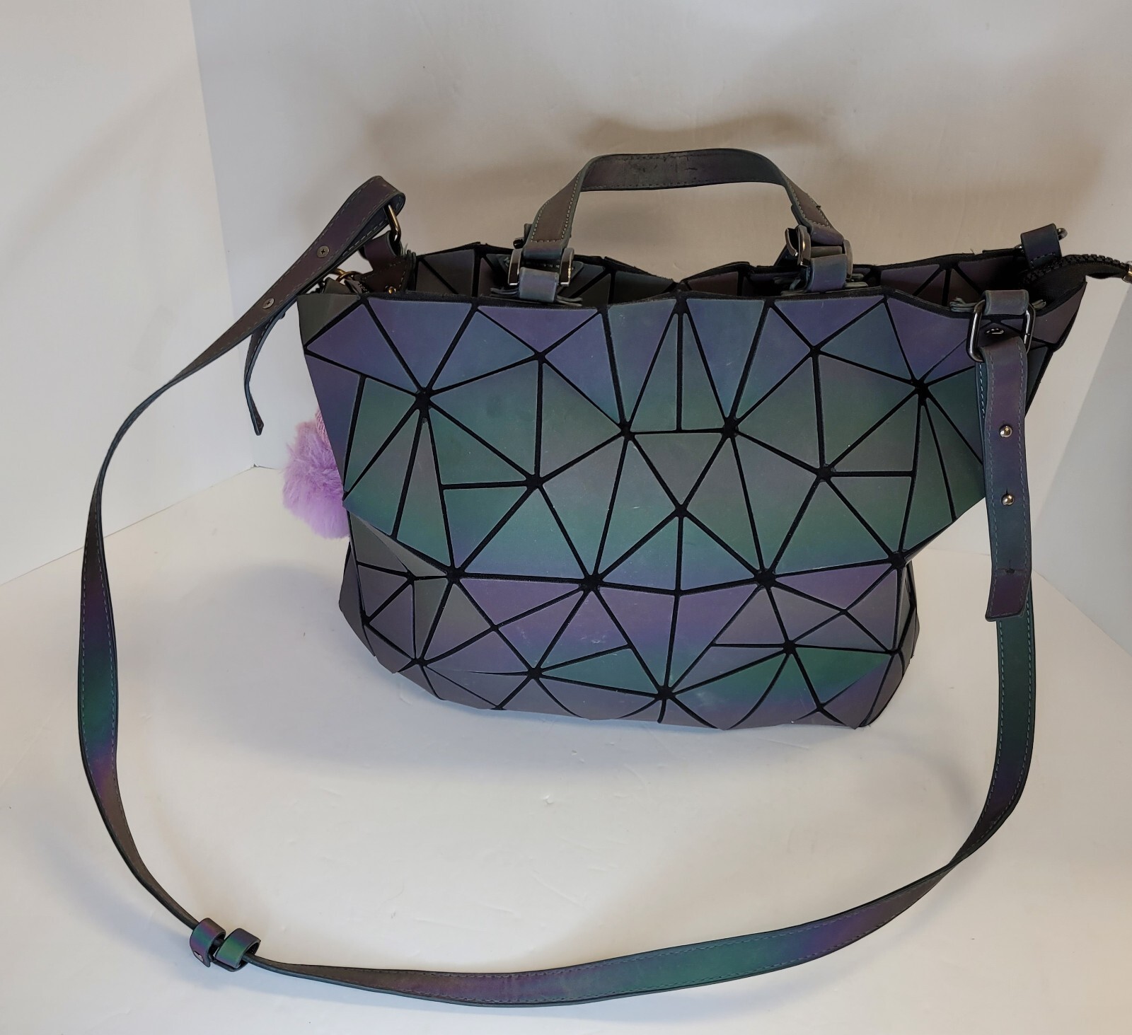 Harlermoon Geometric Luminous Purse Metallic with Fuzzy Fluffy Pom Baby Keyring