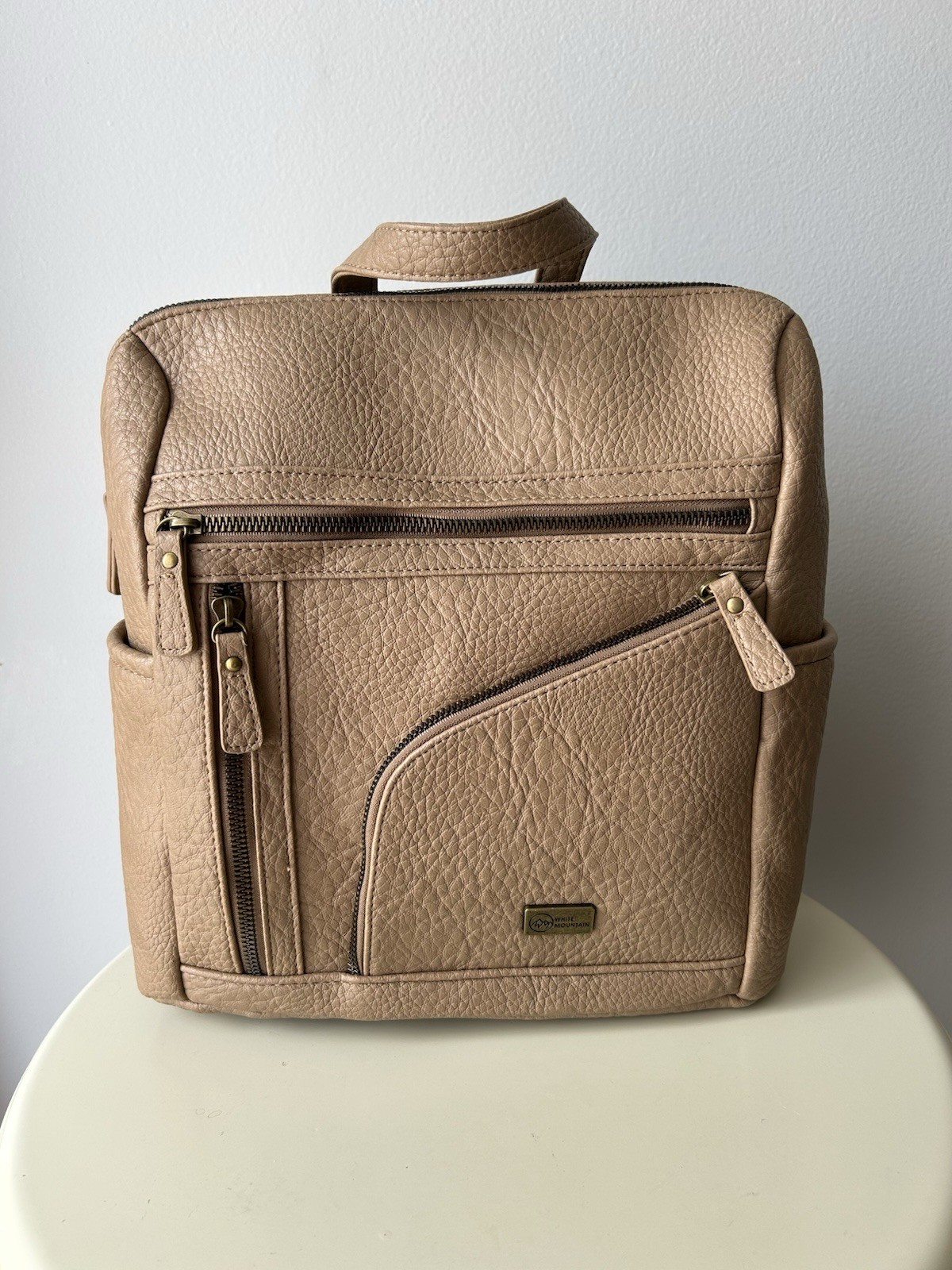 White Mountain Taupe Faux Leather Backpack with Front Zippers